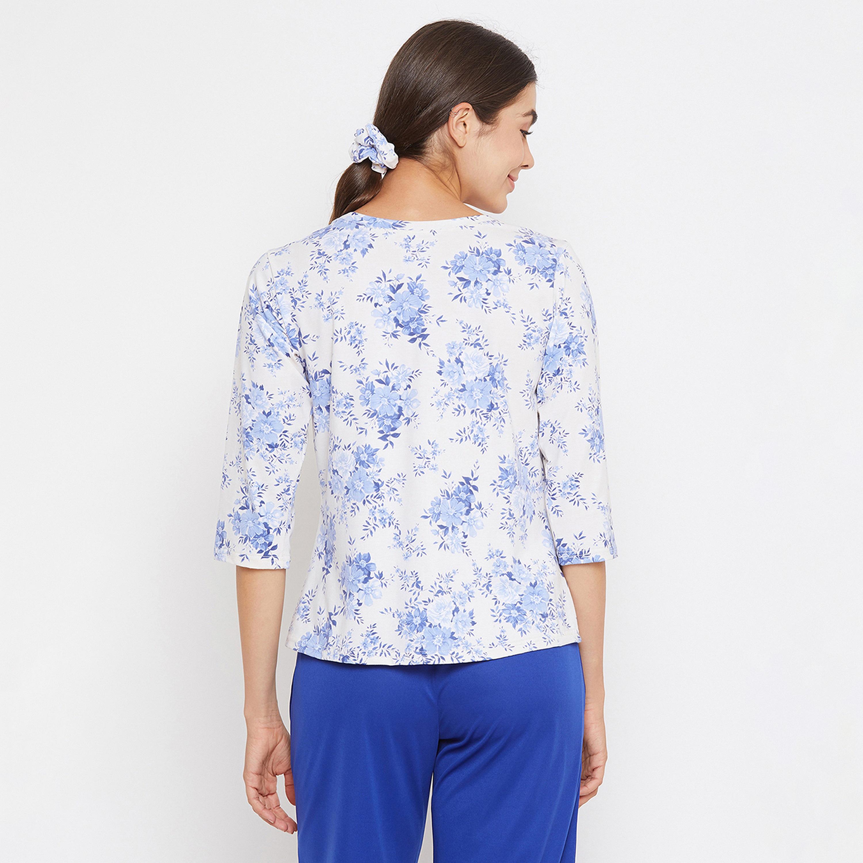 Clovia Pretty Women's Floral Top in White - Cotton Rich-women-clothing-nightwear-pyjamas-tops-image-4