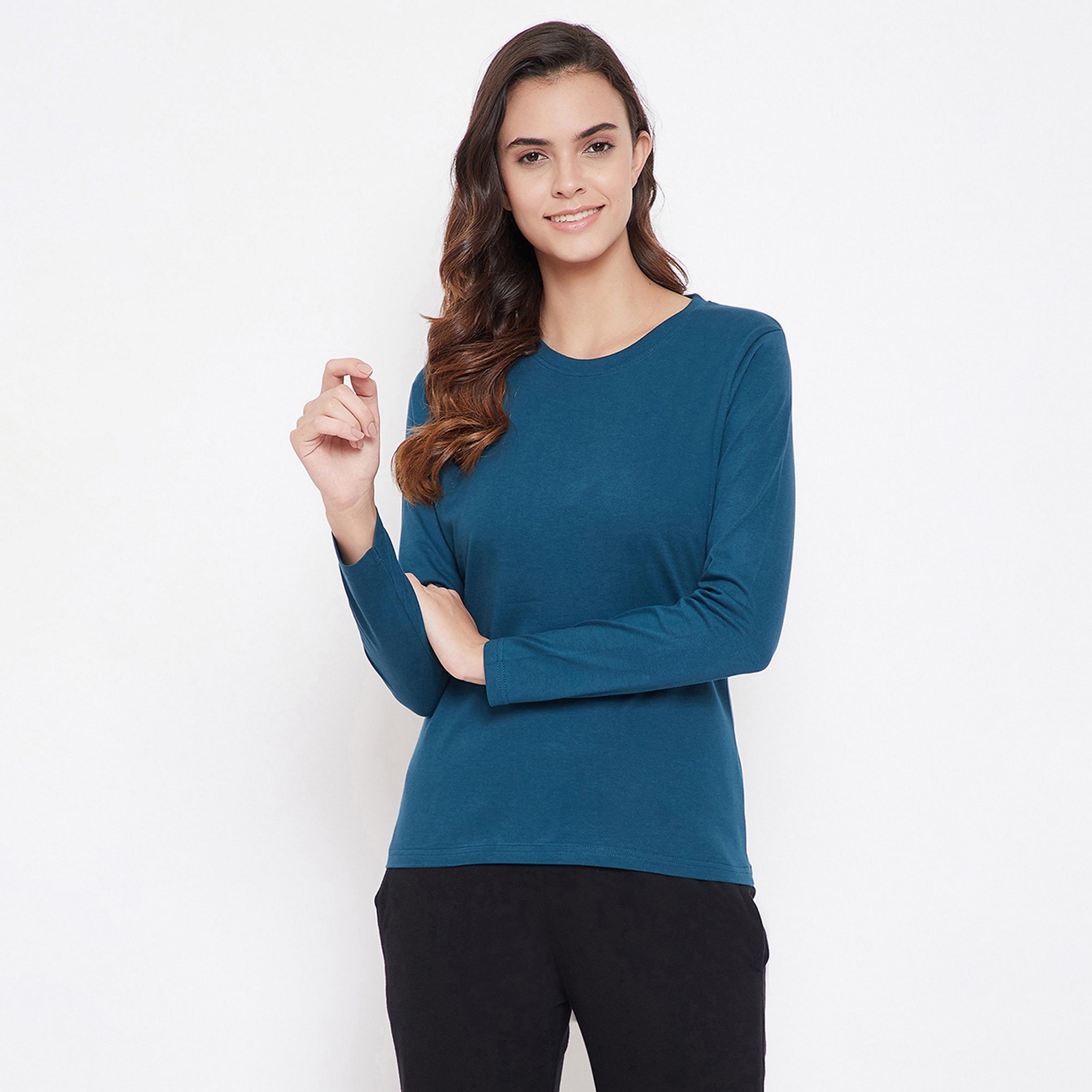 Clovia Chic Women's Basic Sleep Top in Dark Blue - Cotton-women-clothing-nightwear-pyjamas-tops-image-1
