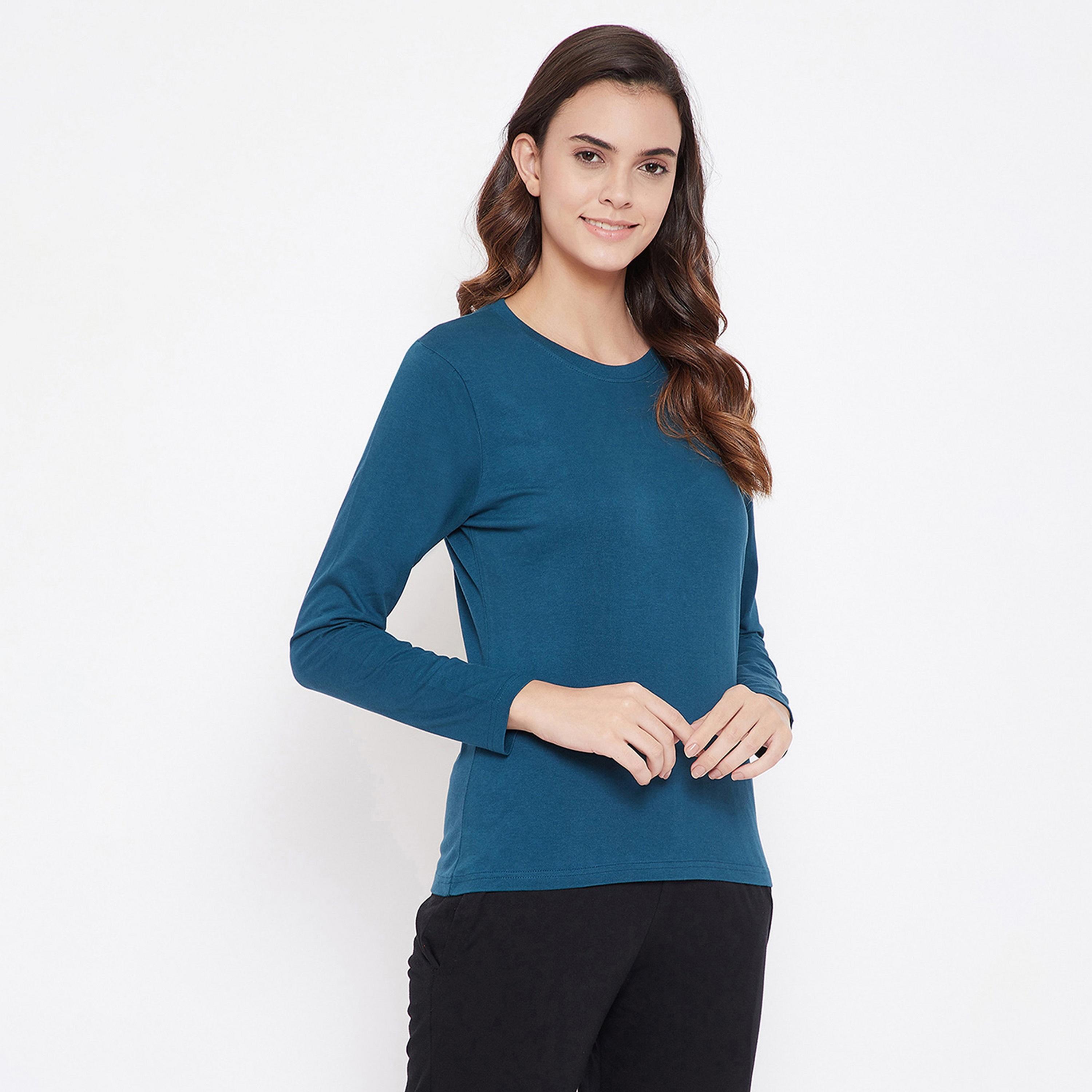 Clovia Chic Women's Basic Sleep Top in Dark Blue - Cotton-women-clothing-nightwear-pyjamas-tops-image-3
