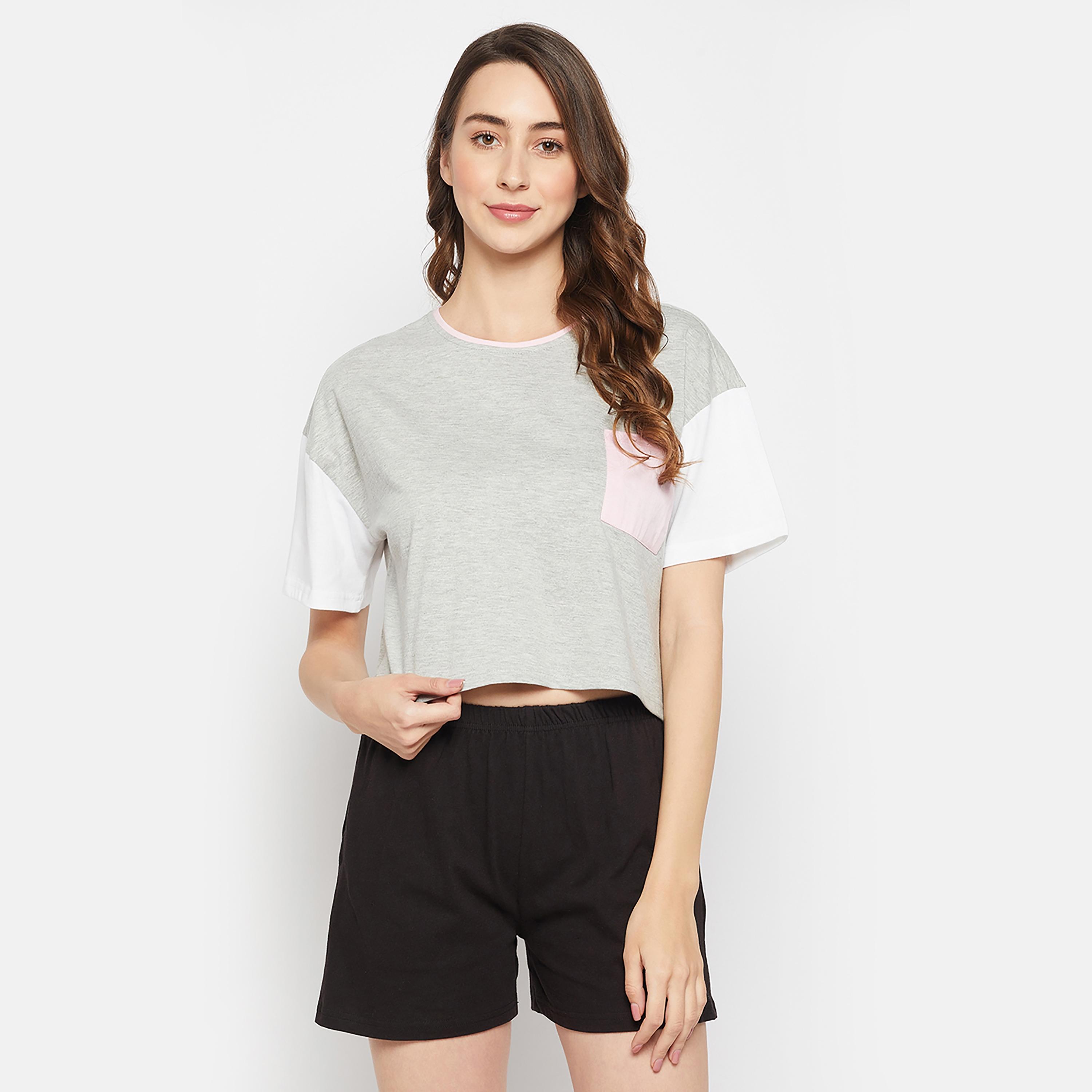 Clovia Colour Blocked Cropped Women's T-Shirt in Light Grey - 100% Cotton-women-clothing-nightwear-pyjamas-tops-image-1