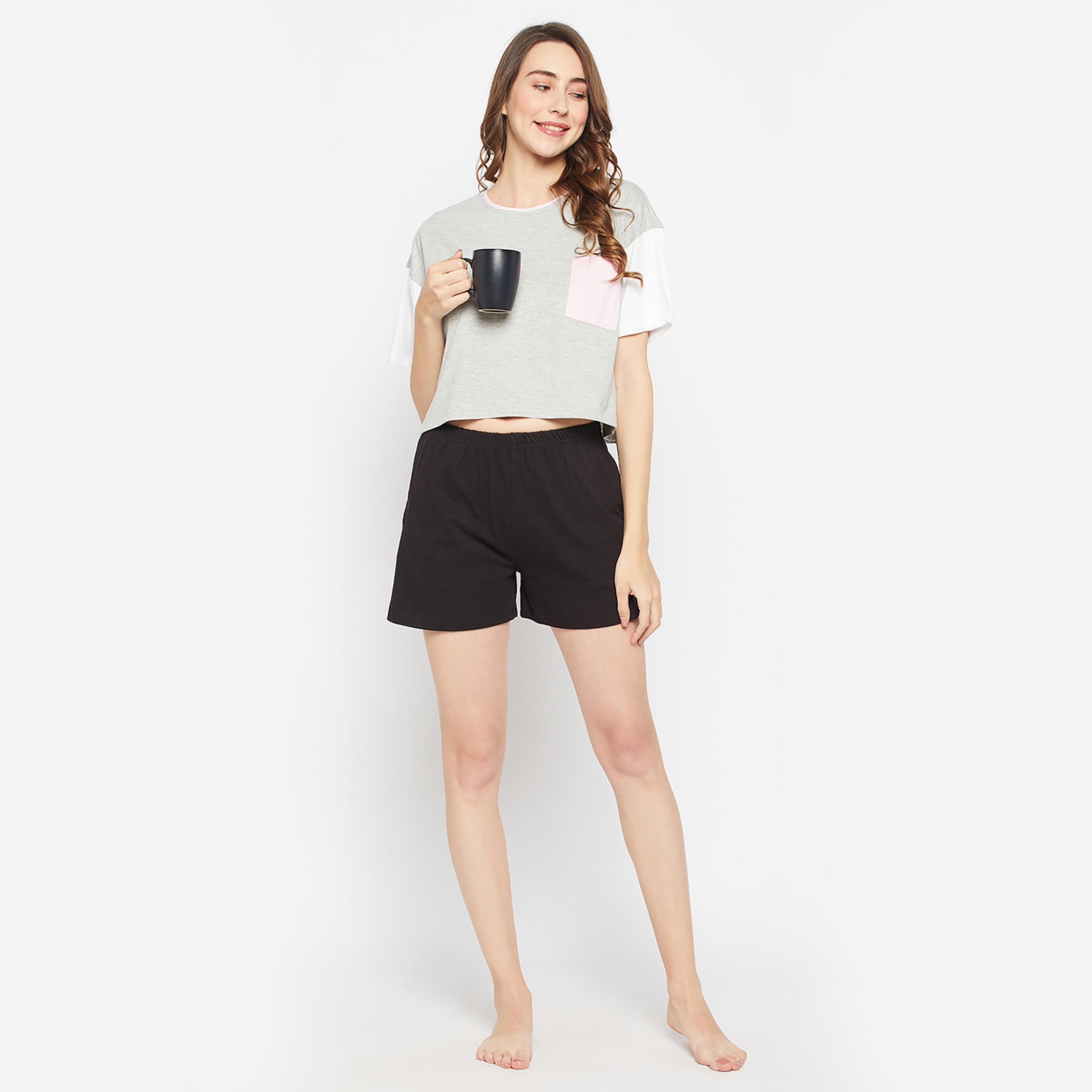 تي شيرت نسائي قصير من Clovia باللون الرمادي الفاتح - 100% قطن-women-clothing-nightwear-pyjamas-tops-image-2
