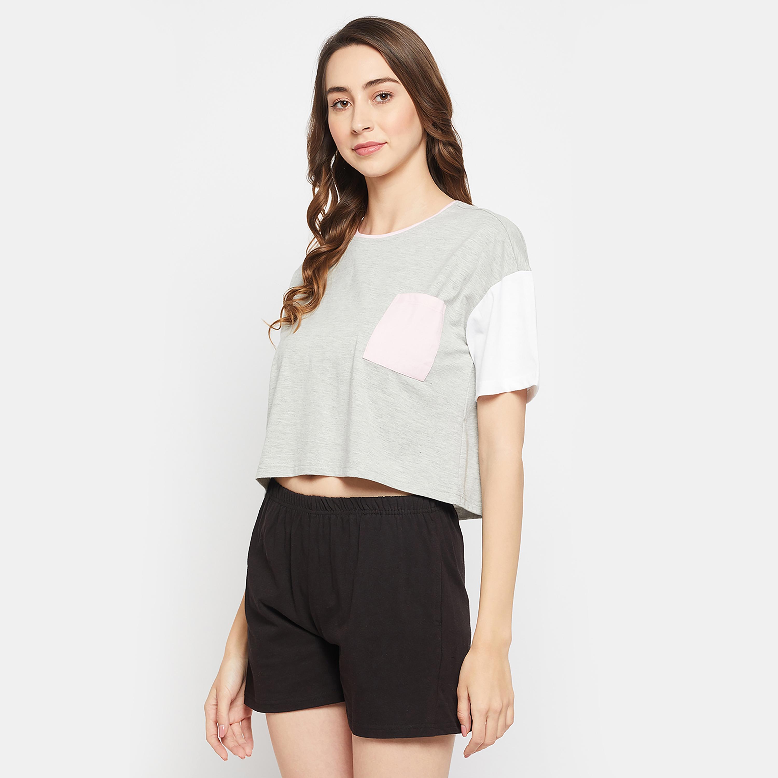 Clovia Colour Blocked Cropped Women's T-Shirt in Light Grey - 100% Cotton-women-clothing-nightwear-pyjamas-tops-image-3