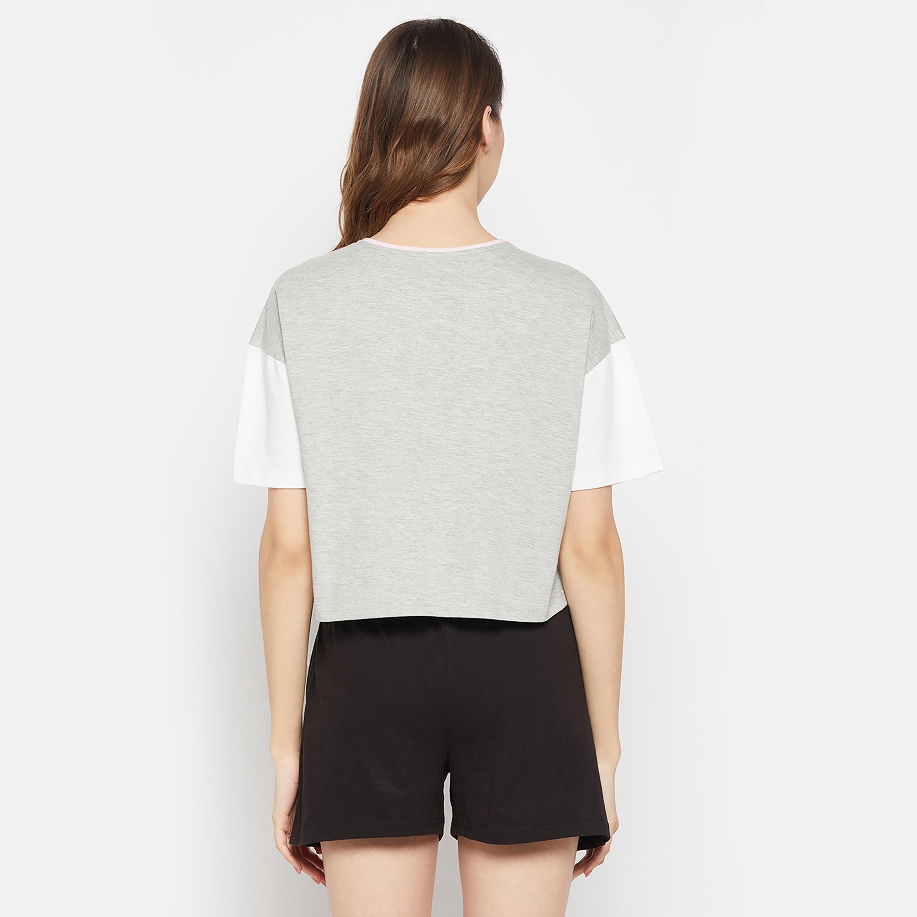 Clovia Colour Blocked Cropped Women's T-Shirt in Light Grey - 100% Cotton-women-clothing-nightwear-pyjamas-tops-image-5