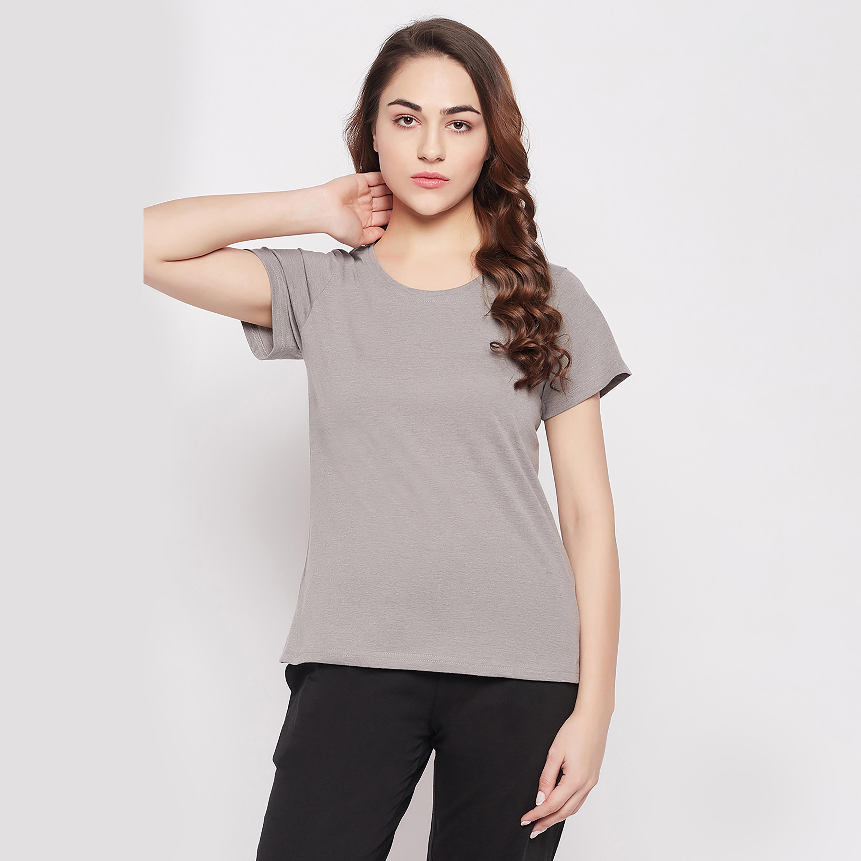 Clovia Chic Basic Women's T-Shirt in Grey Melange - 100% Cotton-women-clothing-nightwear-pyjamas-tops-image-1