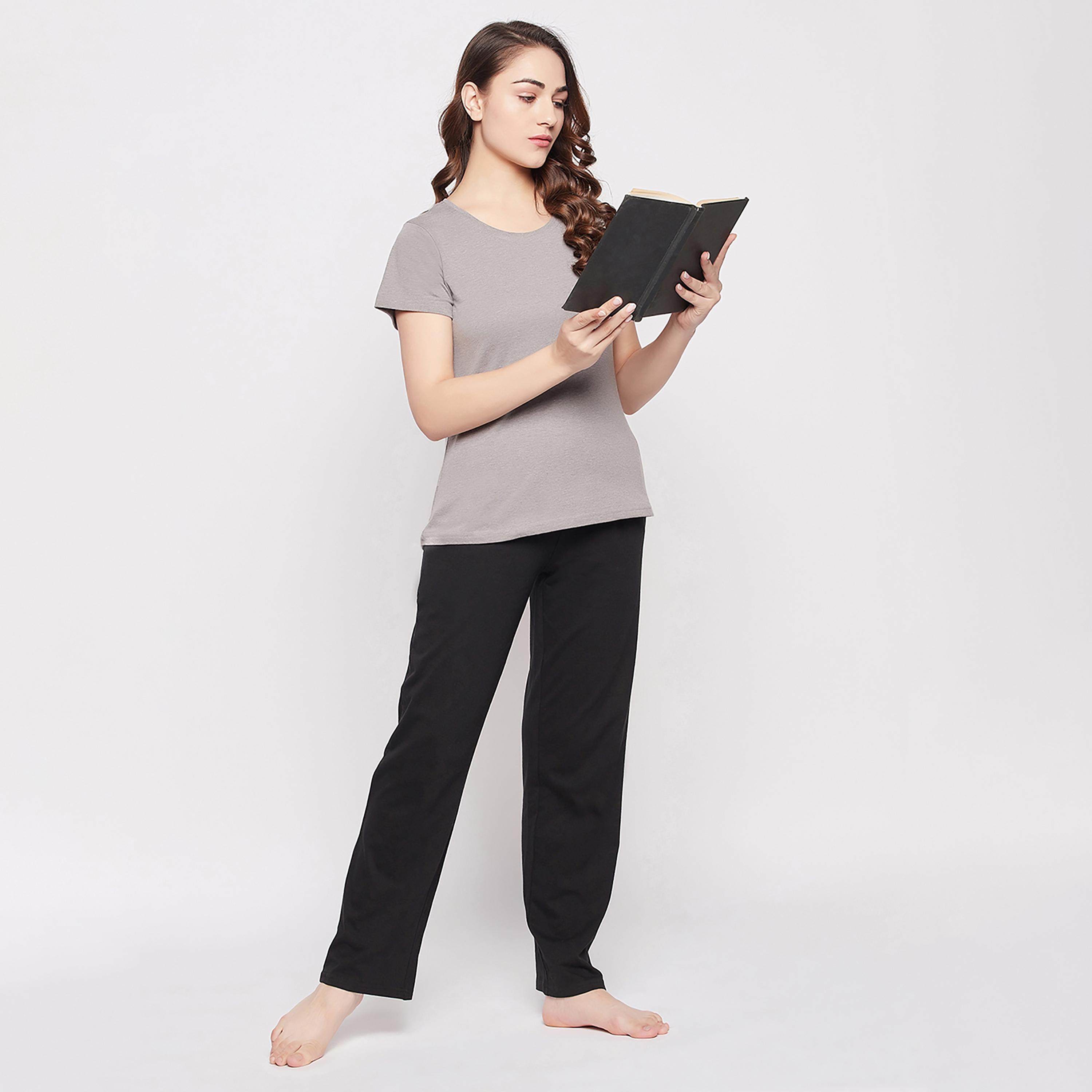 Clovia Chic Basic Women's T-Shirt in Grey Melange - 100% Cotton-women-clothing-nightwear-pyjamas-tops-image-2