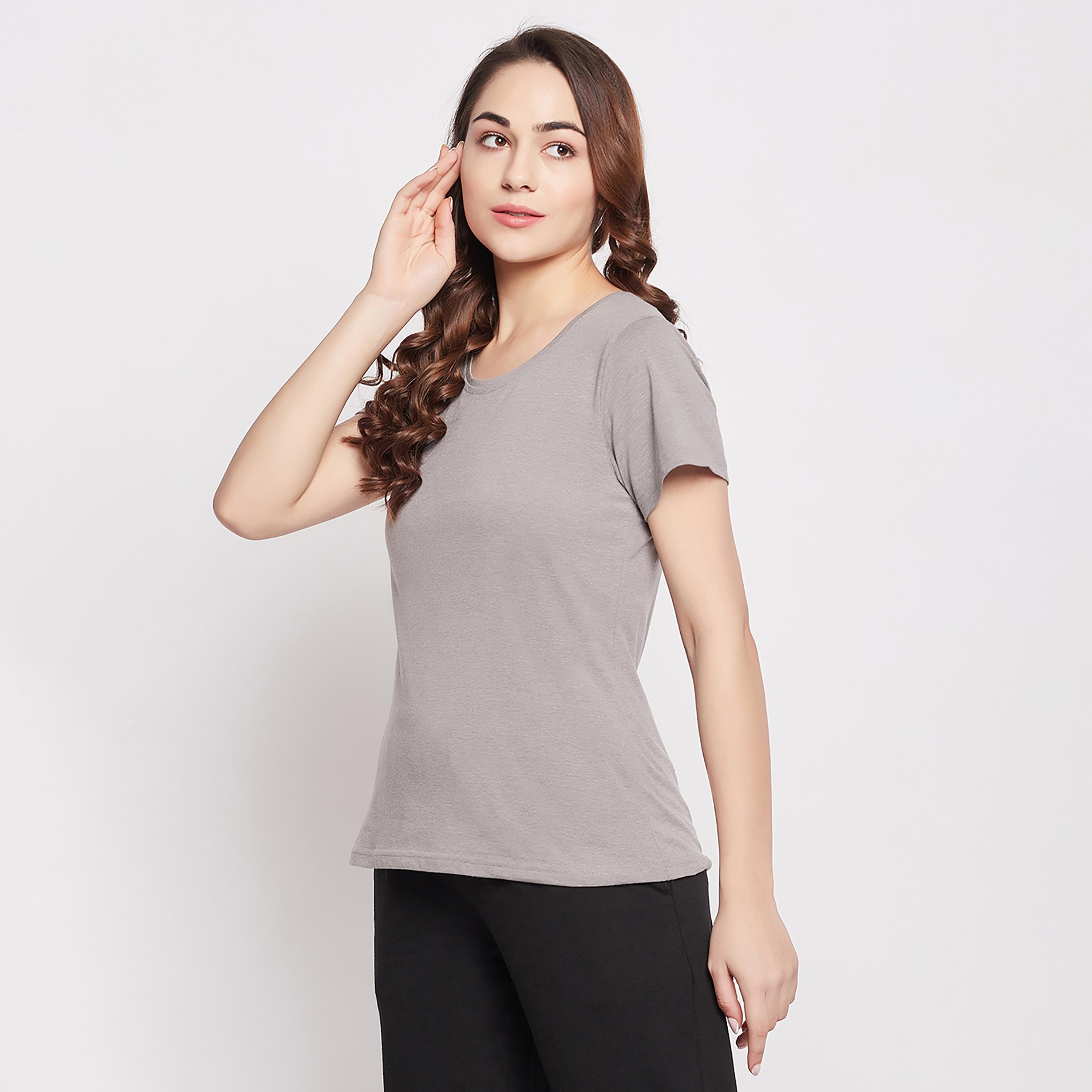 Clovia Chic Basic Women's T-Shirt in Grey Melange - 100% Cotton-women-clothing-nightwear-pyjamas-tops-image-3