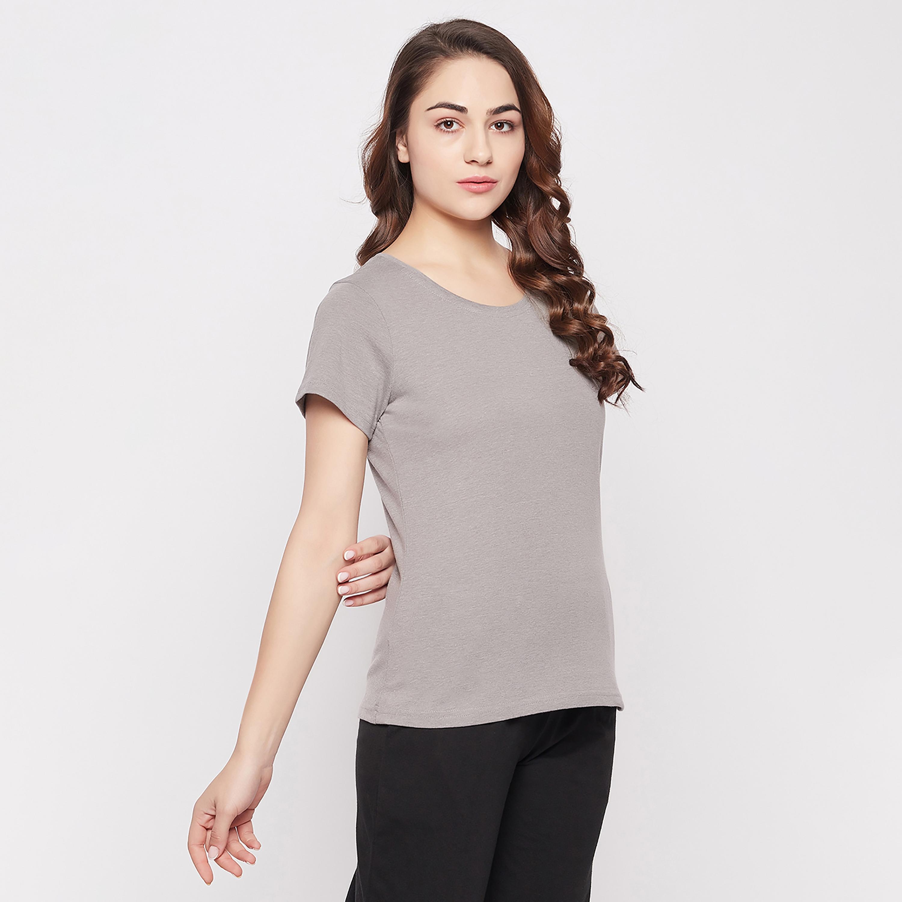 Clovia Chic Basic Women's T-Shirt in Grey Melange - 100% Cotton-women-clothing-nightwear-pyjamas-tops-image-4