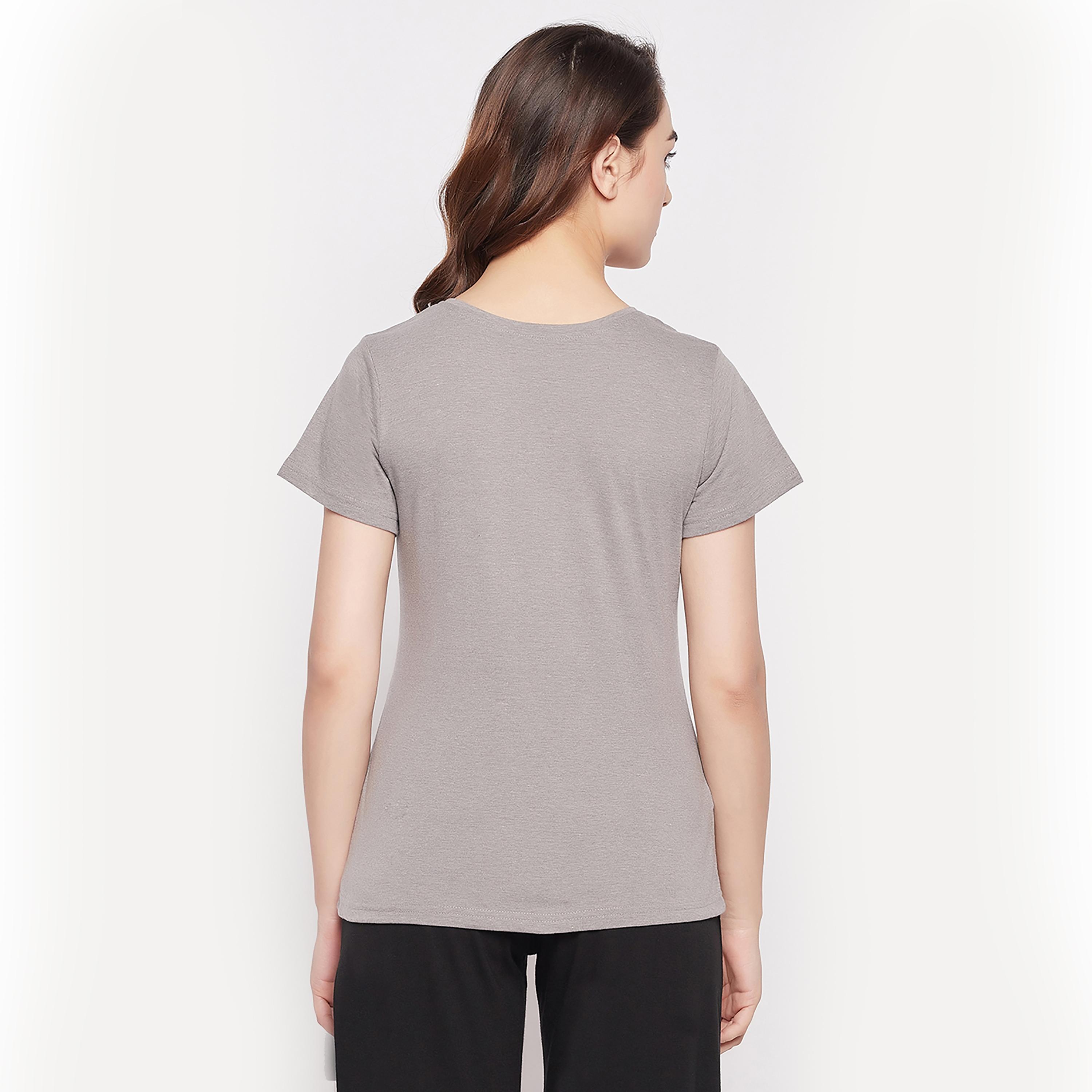 Clovia Chic Basic Women's T-Shirt in Grey Melange - 100% Cotton-women-clothing-nightwear-pyjamas-tops-image-5