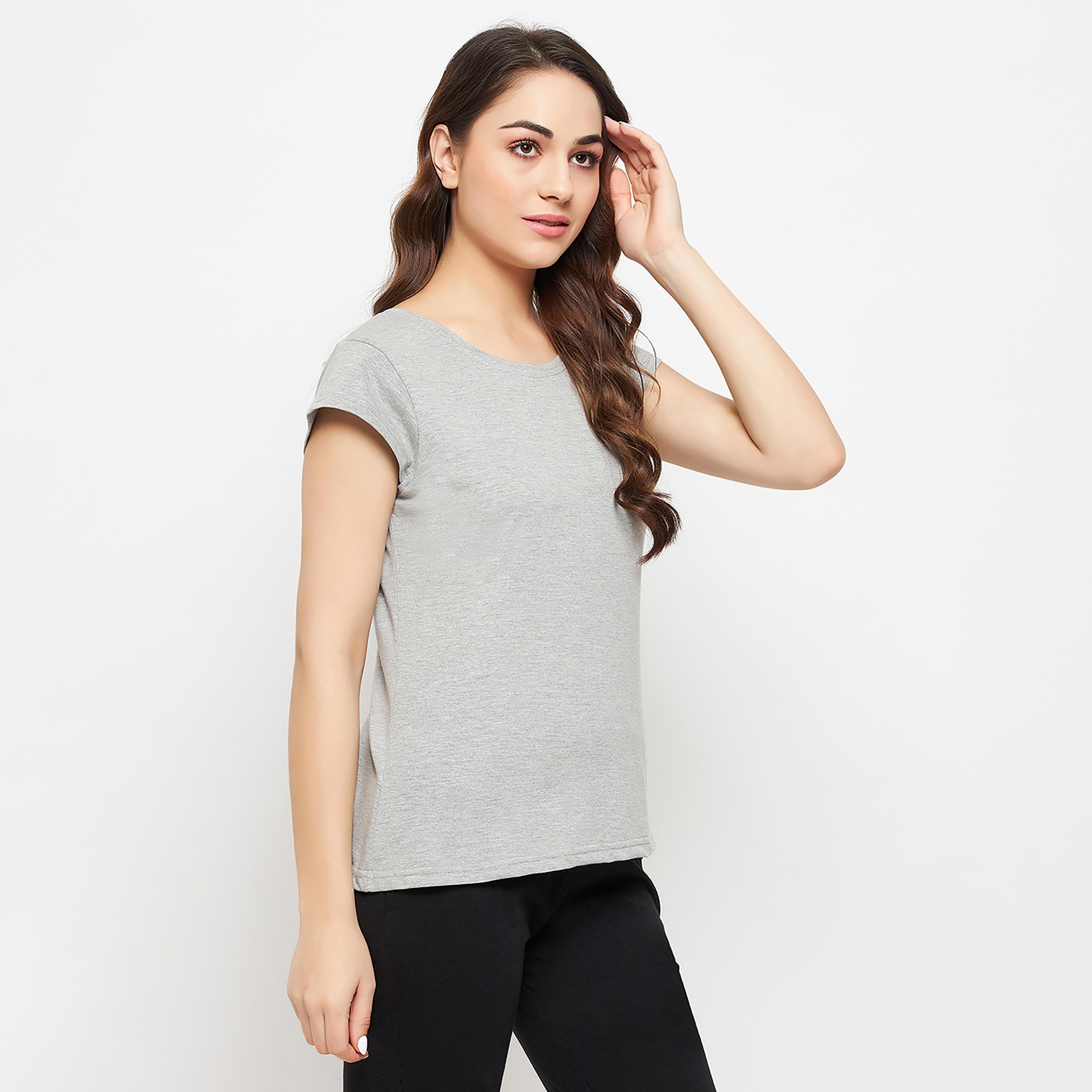 Clovia Chic Basic Women's T-Shirt in Grey Melange - 100% Cotton-women-clothing-nightwear-pyjamas-tops-image-4