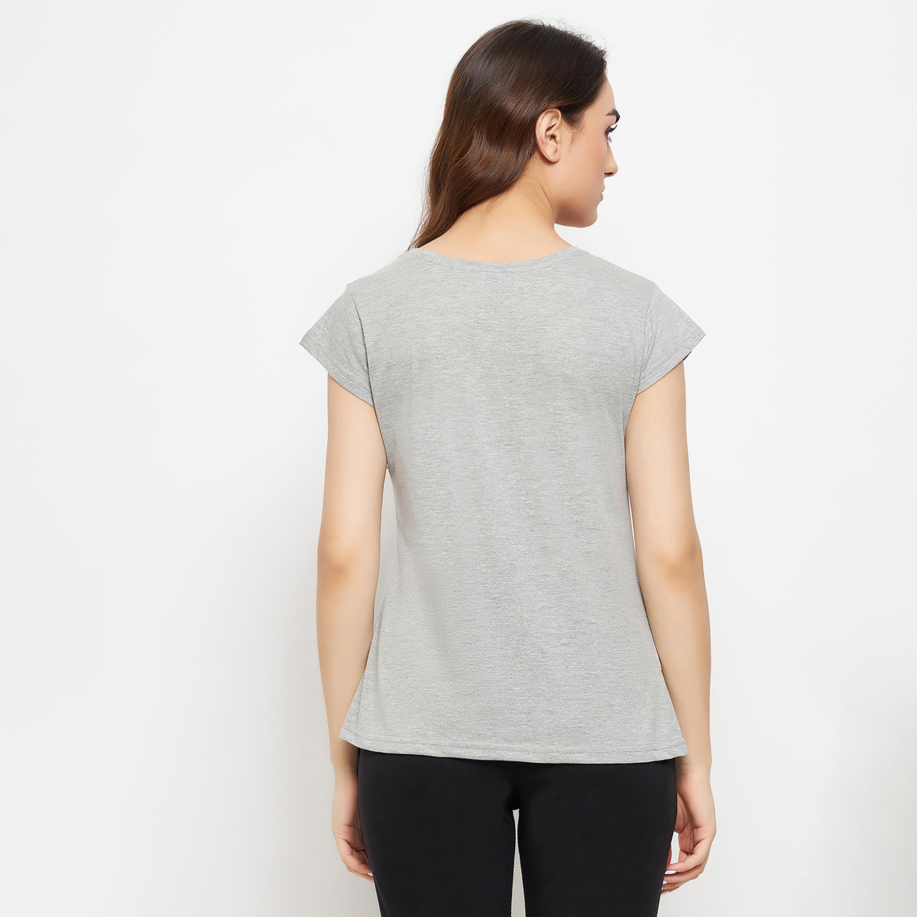 Clovia Chic Basic Women's T-Shirt in Grey Melange - 100% Cotton-women-clothing-nightwear-pyjamas-tops-image-5