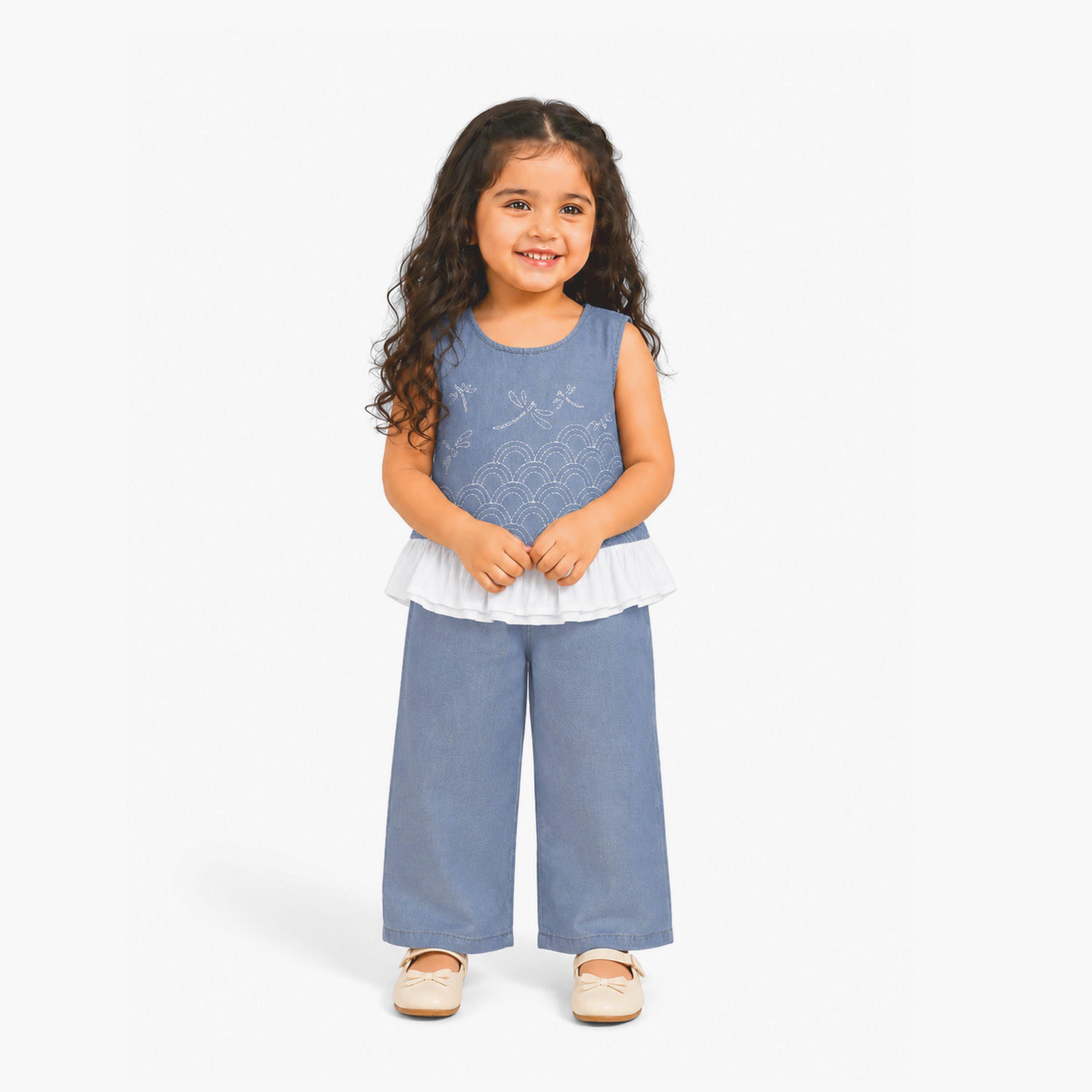 Luay Denim Embroidered Sleeveless Top and Wide Leg Pants Co-Ord Set-girls-clothing-setsandcoords-image-1