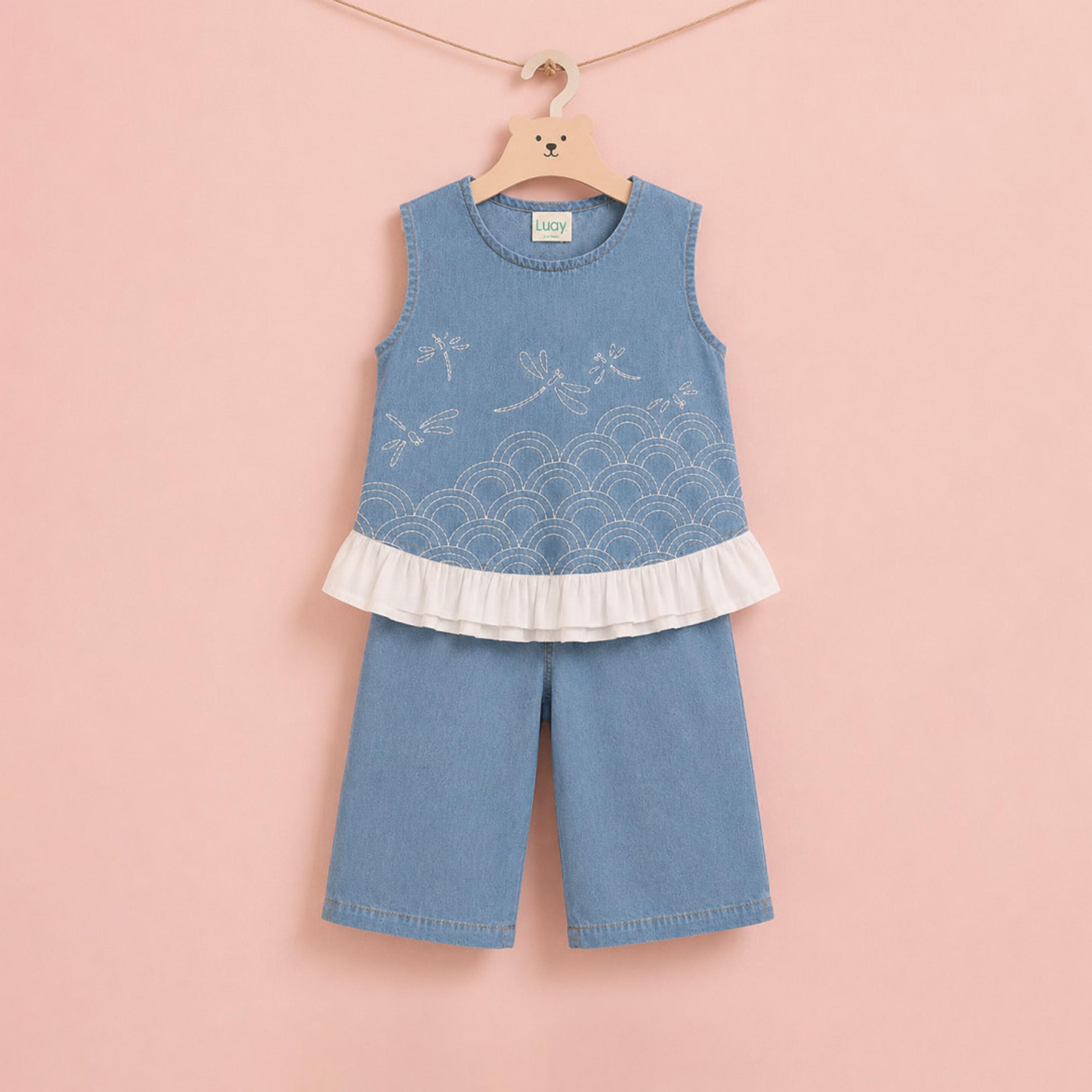 Luay Denim Embroidered Sleeveless Top and Wide Leg Pants Co-Ord Set-girls-clothing-setsandcoords-image-2
