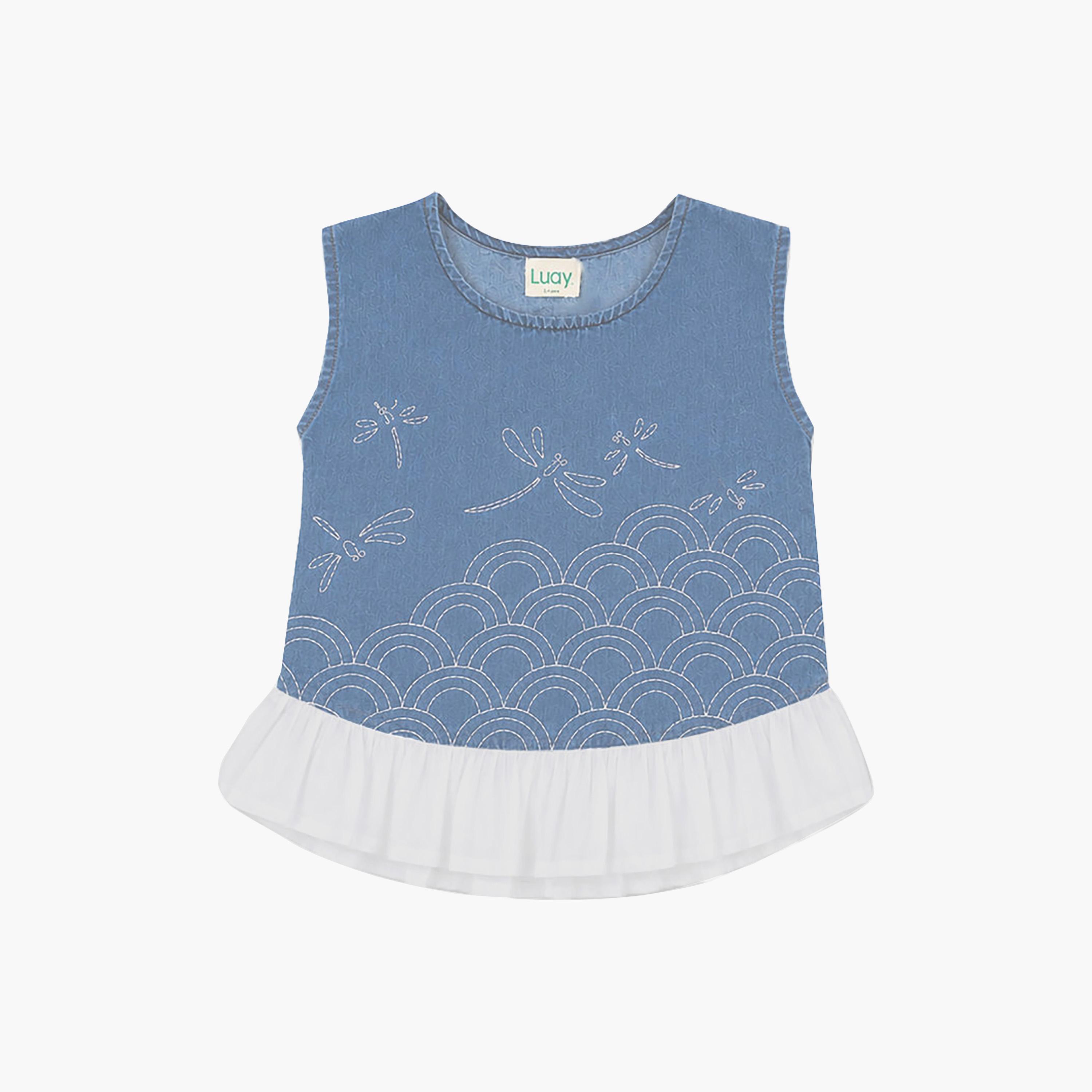 Luay Denim Embroidered Sleeveless Top and Wide Leg Pants Co-Ord Set-girls-clothing-setsandcoords-image-3