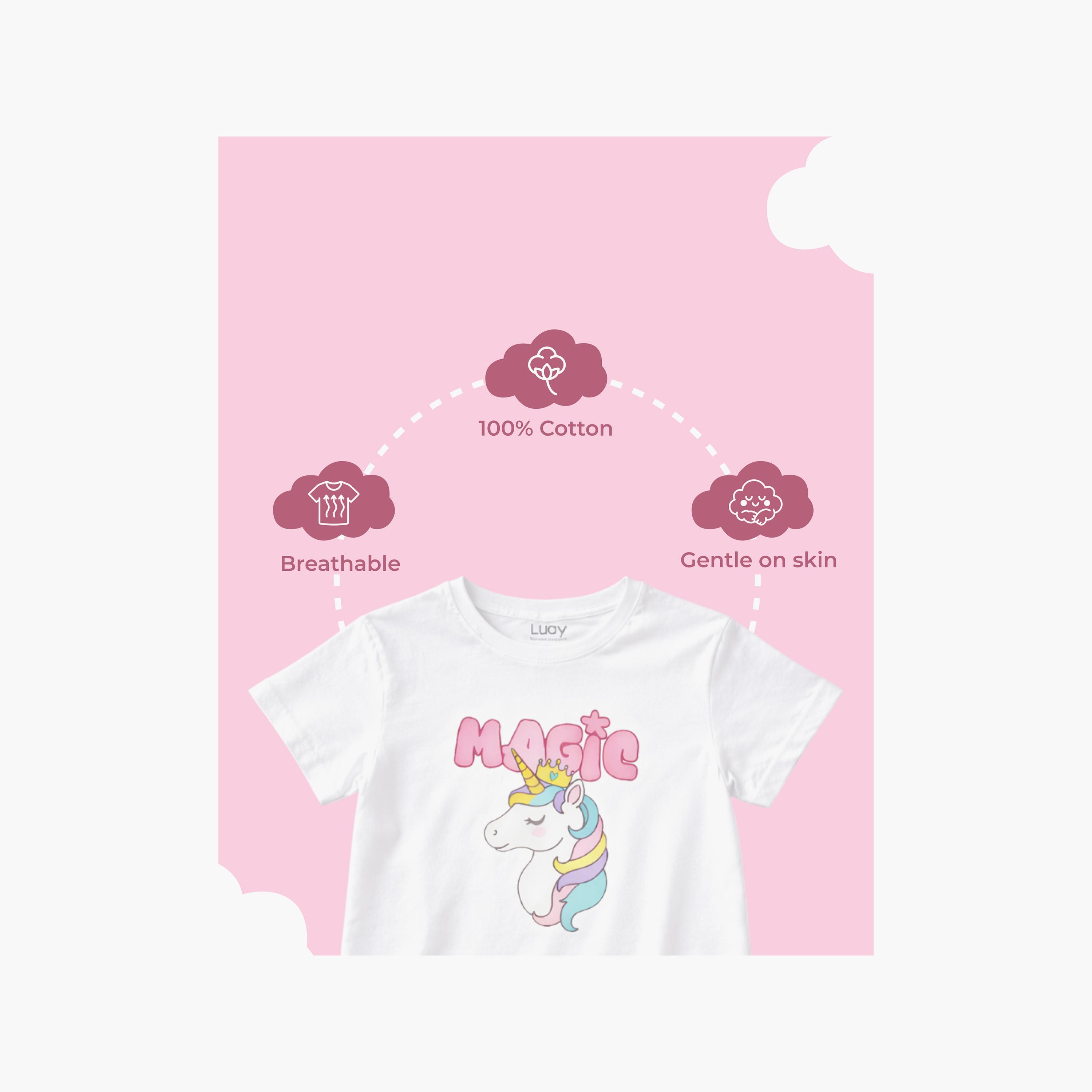 طقم تيشيرت بأكمام قصيرة بطبعة "يونيكورن سحري" وشورت من لؤي-girls-clothing-setsandcoords-image-4