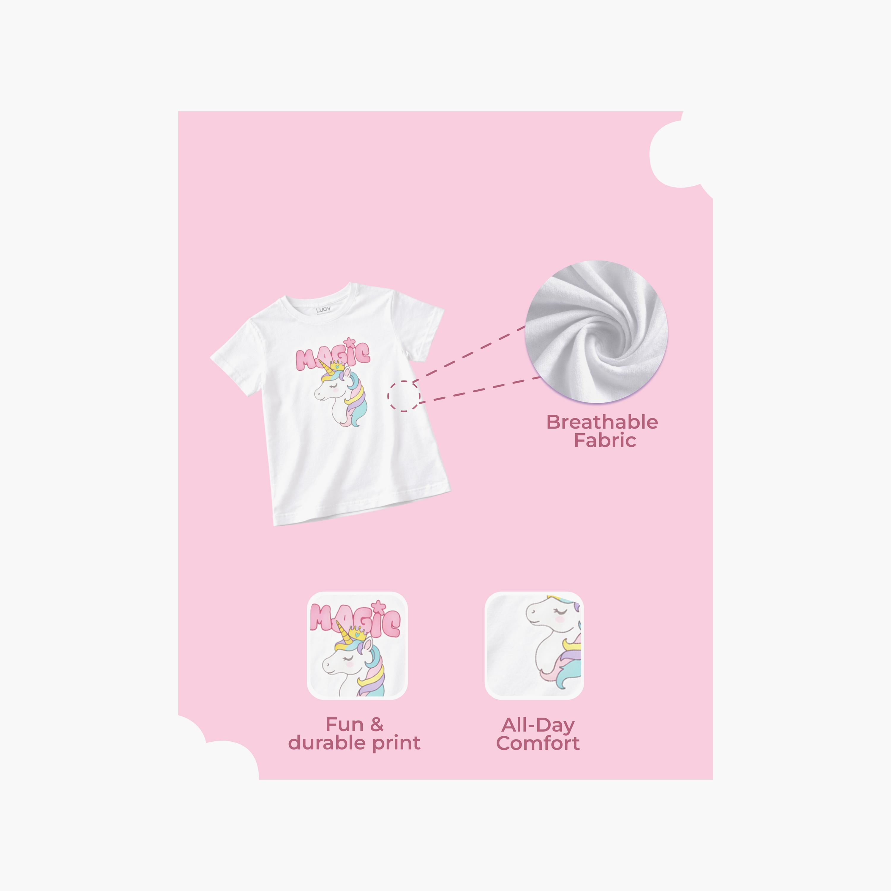 طقم تيشيرت بأكمام قصيرة بطبعة "يونيكورن سحري" وشورت من لؤي-girls-clothing-setsandcoords-image-5