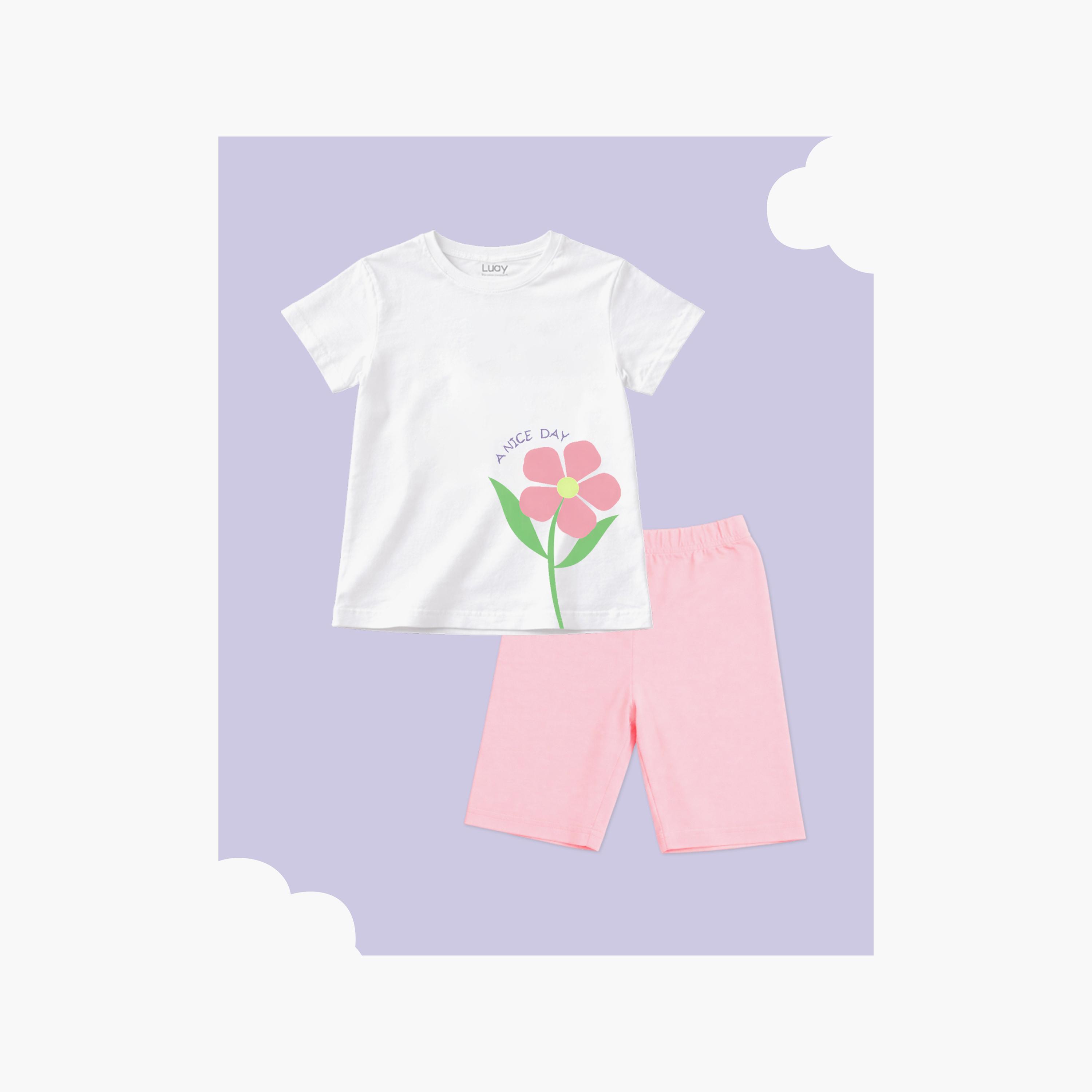 طقم تيشيرت بأكمام قصيرة بطبعة أزهار "A Nice Day" وشورت من لؤي-girls-clothing-setsandcoords-image-2