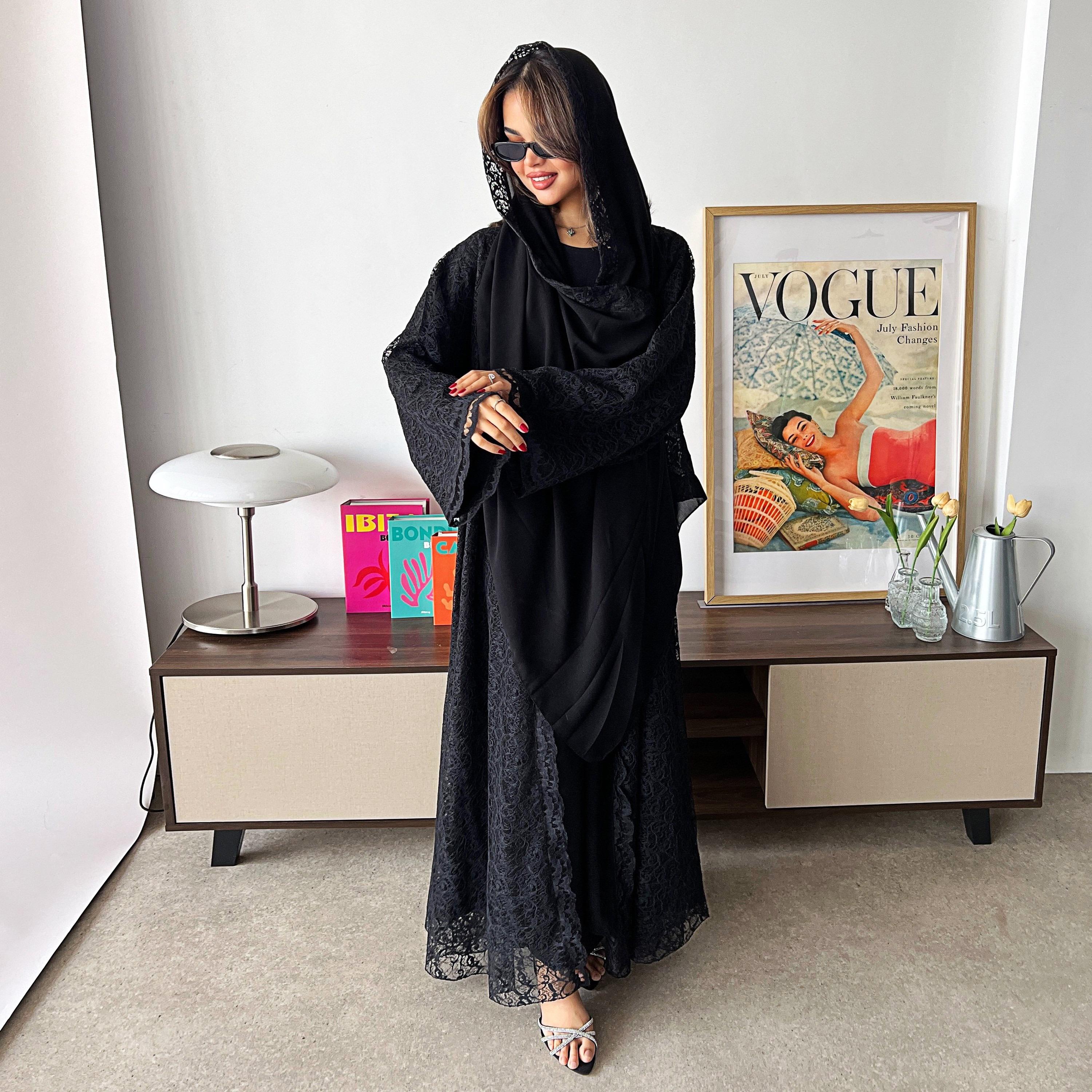 Lusin Abaya Wide Sleeves Lace Women's Flared Abaya with Hijab-women-arabicclothing-abayas-image-1