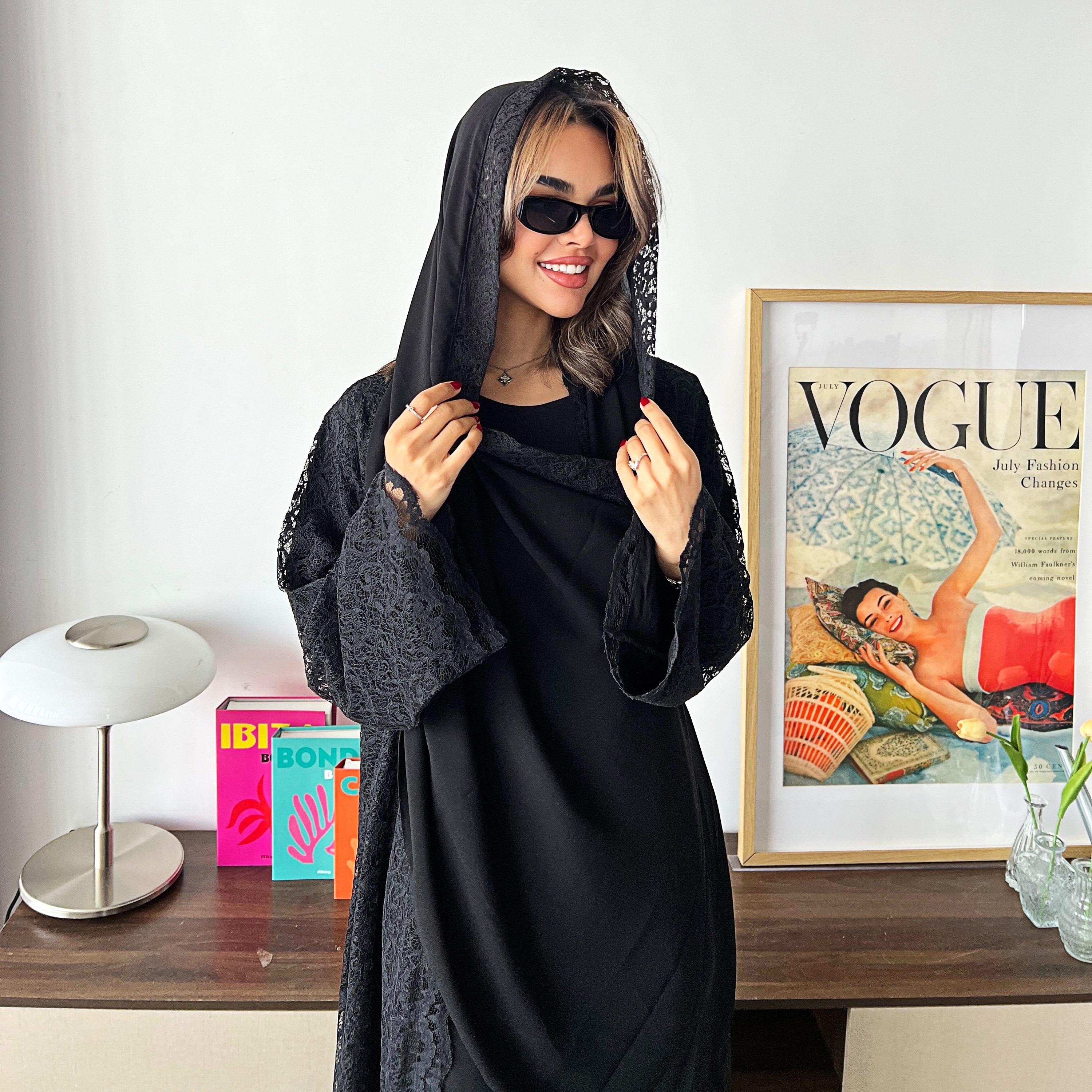 Lusin Abaya Wide Sleeves Lace Women's Flared Abaya with Hijab-women-arabicclothing-abayas-image-2
