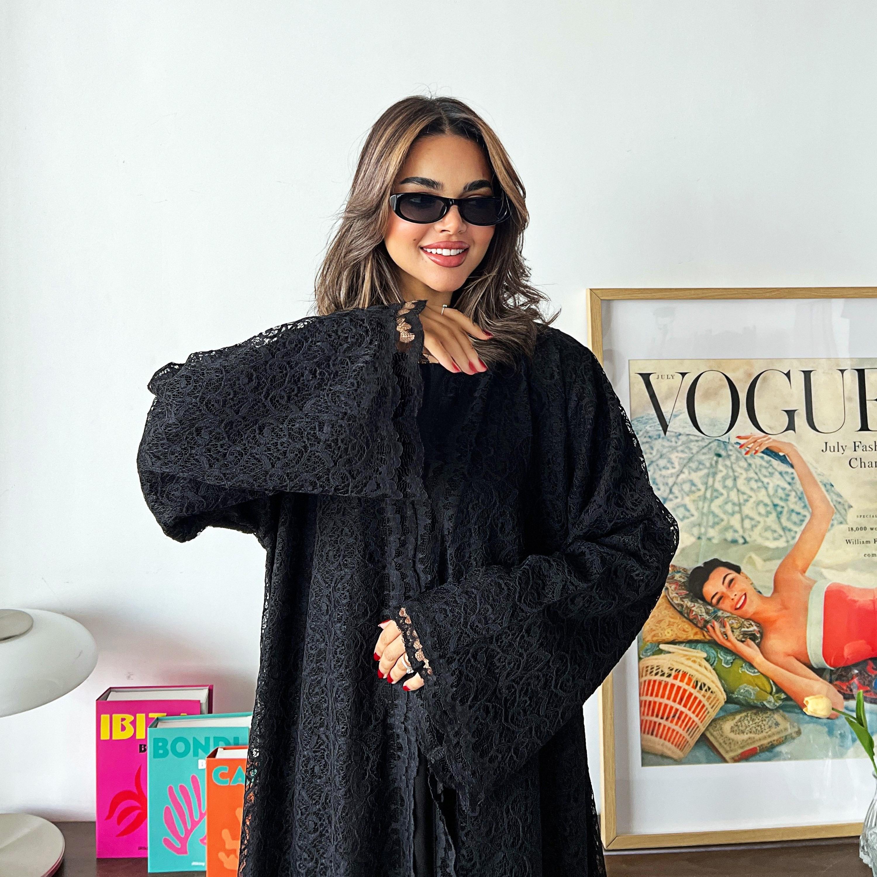 Lusin Abaya Wide Sleeves Lace Women's Flared Abaya with Hijab-women-arabicclothing-abayas-image-3