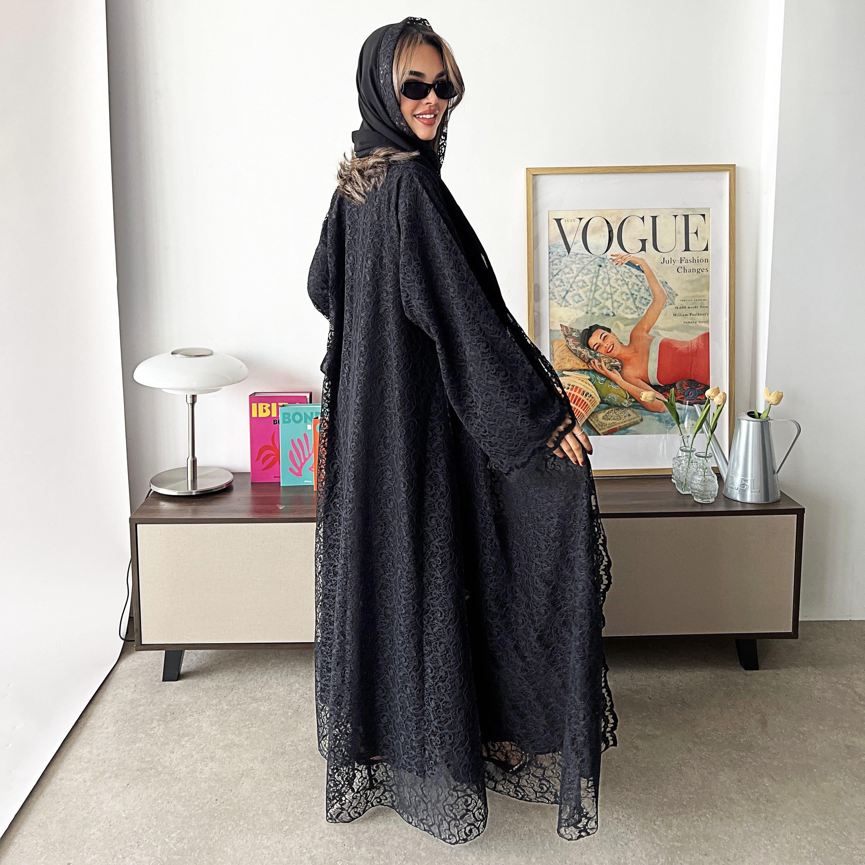 Lusin Abaya Wide Sleeves Lace Women's Flared Abaya with Hijab-women-arabicclothing-abayas-image-4