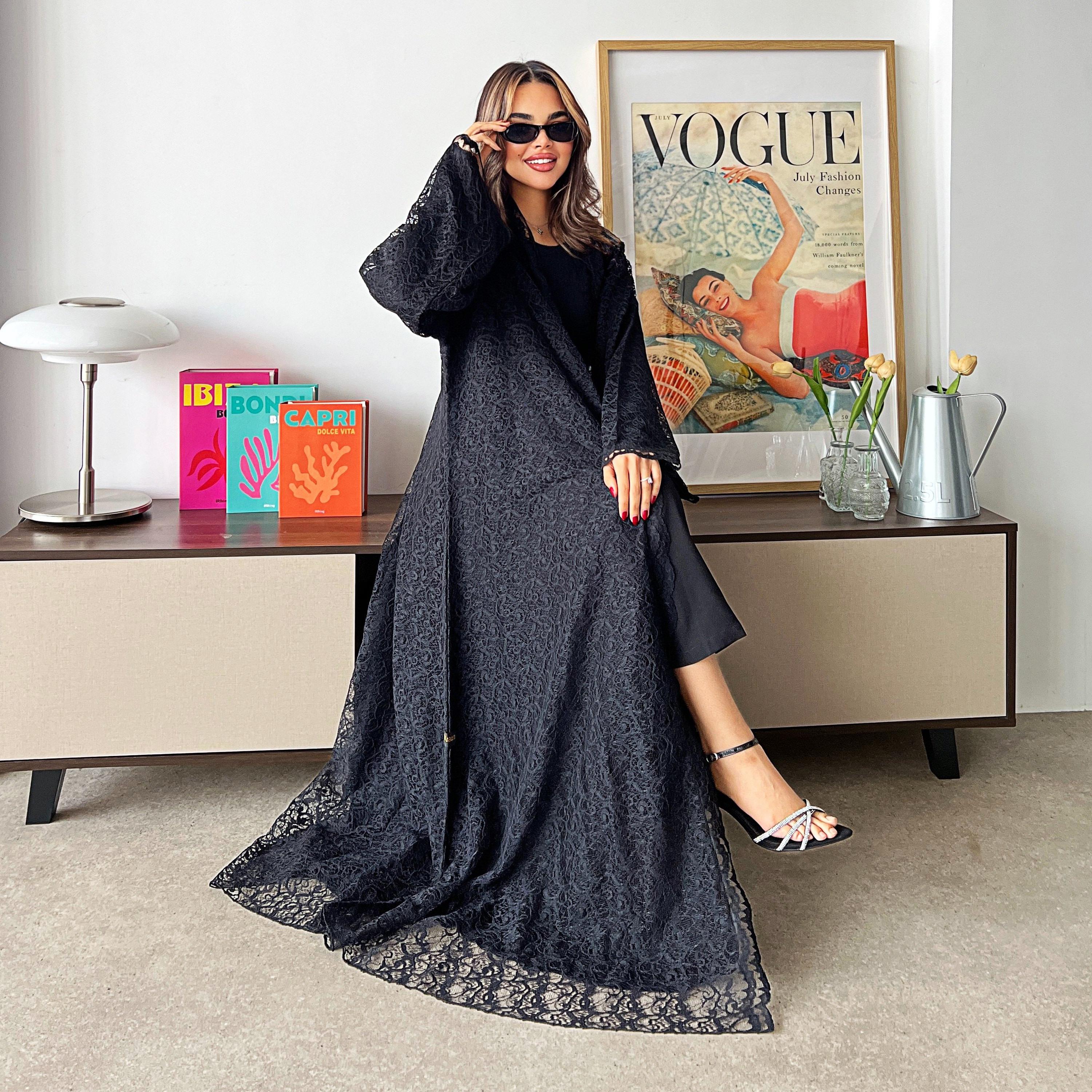 Lusin Abaya Wide Sleeves Lace Women's Flared Abaya with Hijab-women-arabicclothing-abayas-image-5