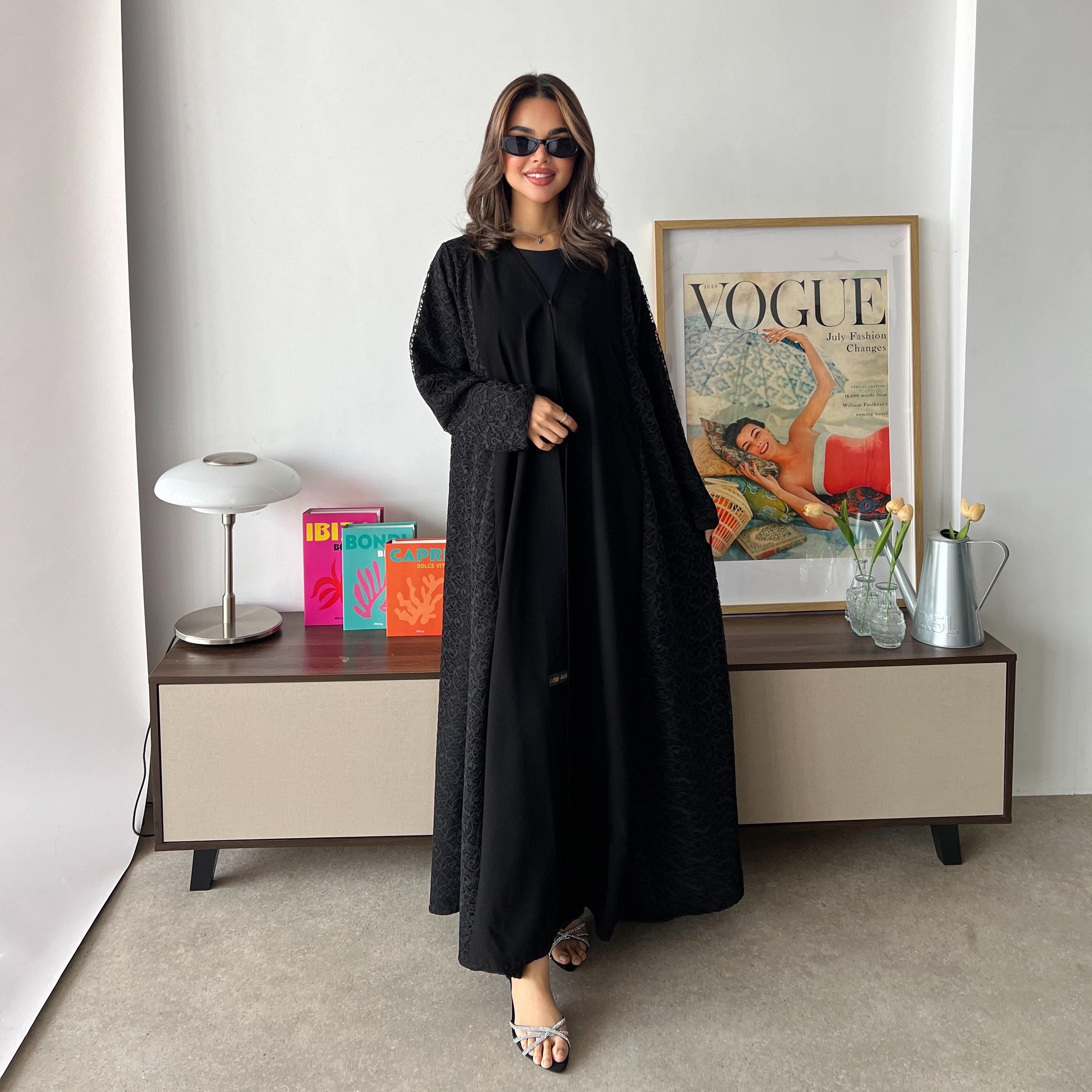 Lusin abaya Black Lace Panelled Royal Crepe Women's Evening Abaya with Hijab-women-arabicclothing-abayas-image-1
