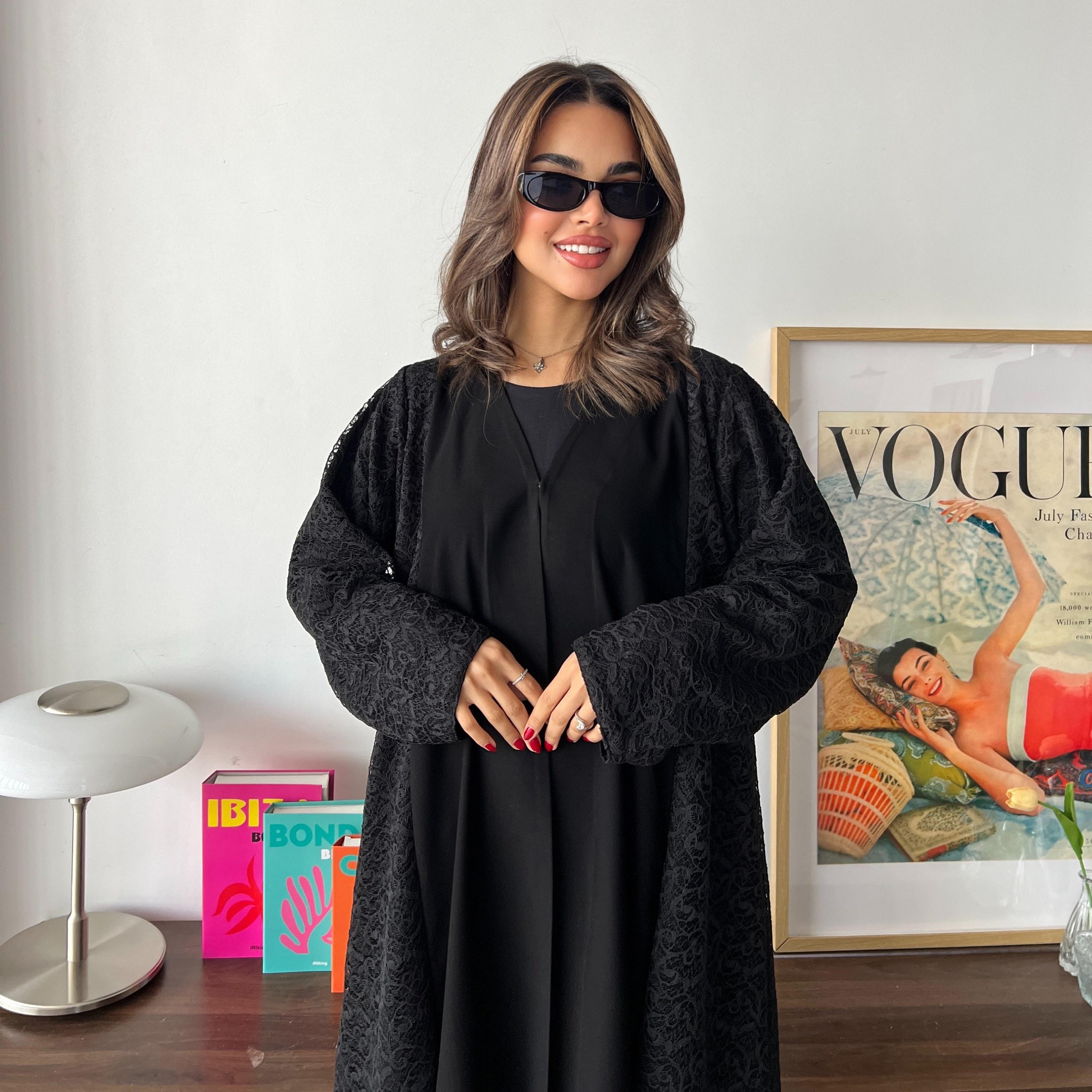 Lusin abaya Black Lace Panelled Royal Crepe Women's Evening Abaya with Hijab-women-arabicclothing-abayas-image-2