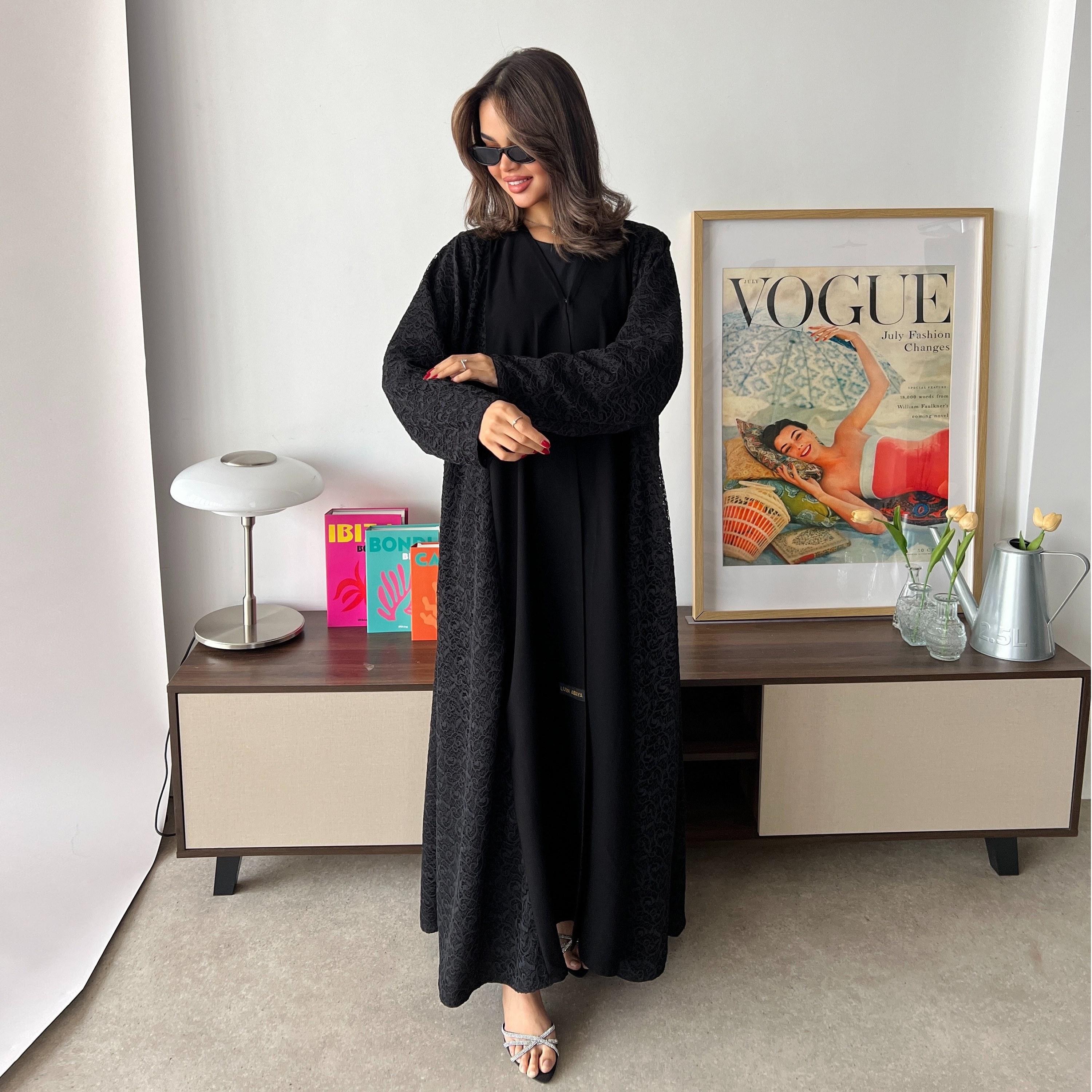 Lusin abaya Black Lace Panelled Royal Crepe Women's Evening Abaya with Hijab-women-arabicclothing-abayas-image-3