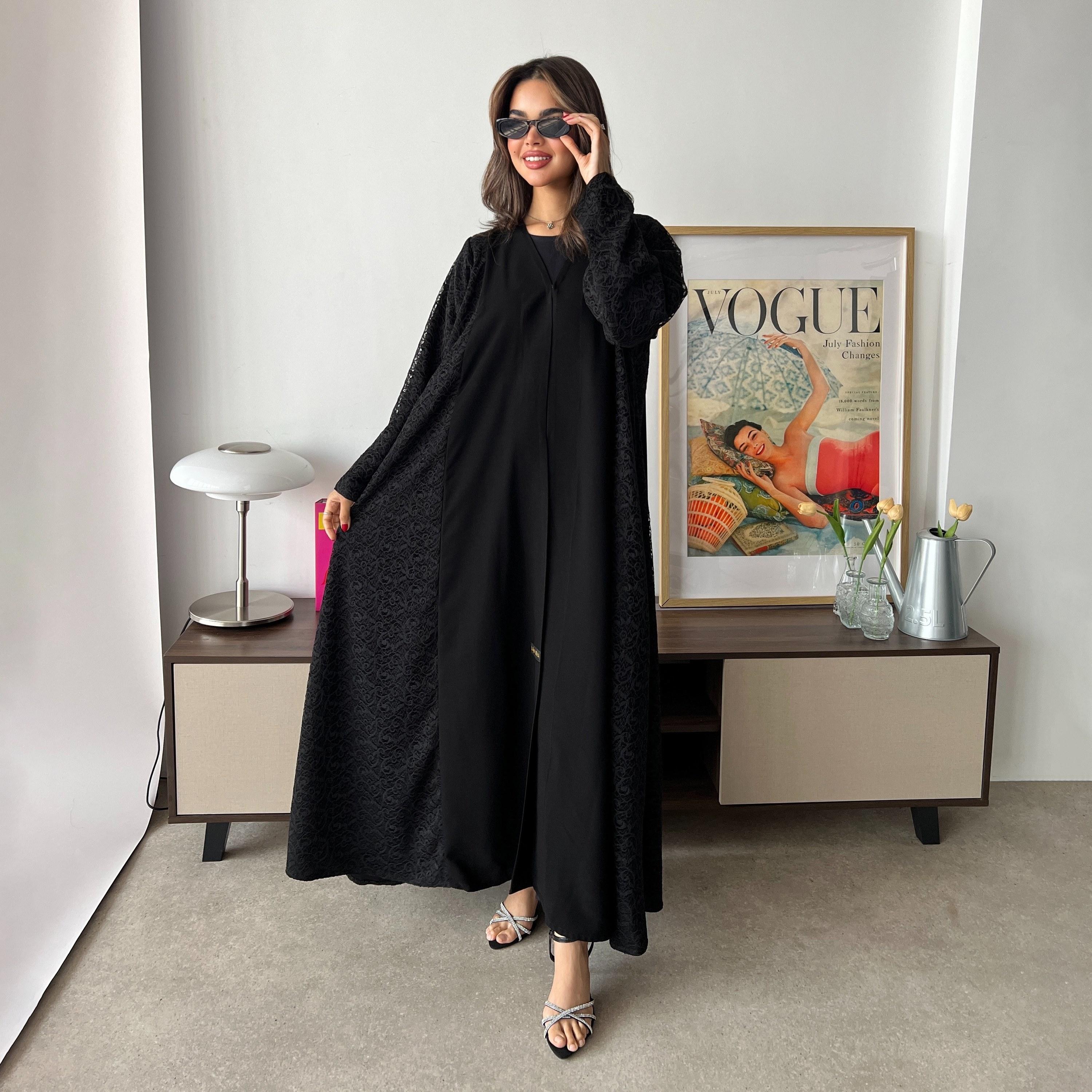 Lusin abaya Black Lace Panelled Royal Crepe Women's Evening Abaya with Hijab-women-arabicclothing-abayas-image-4