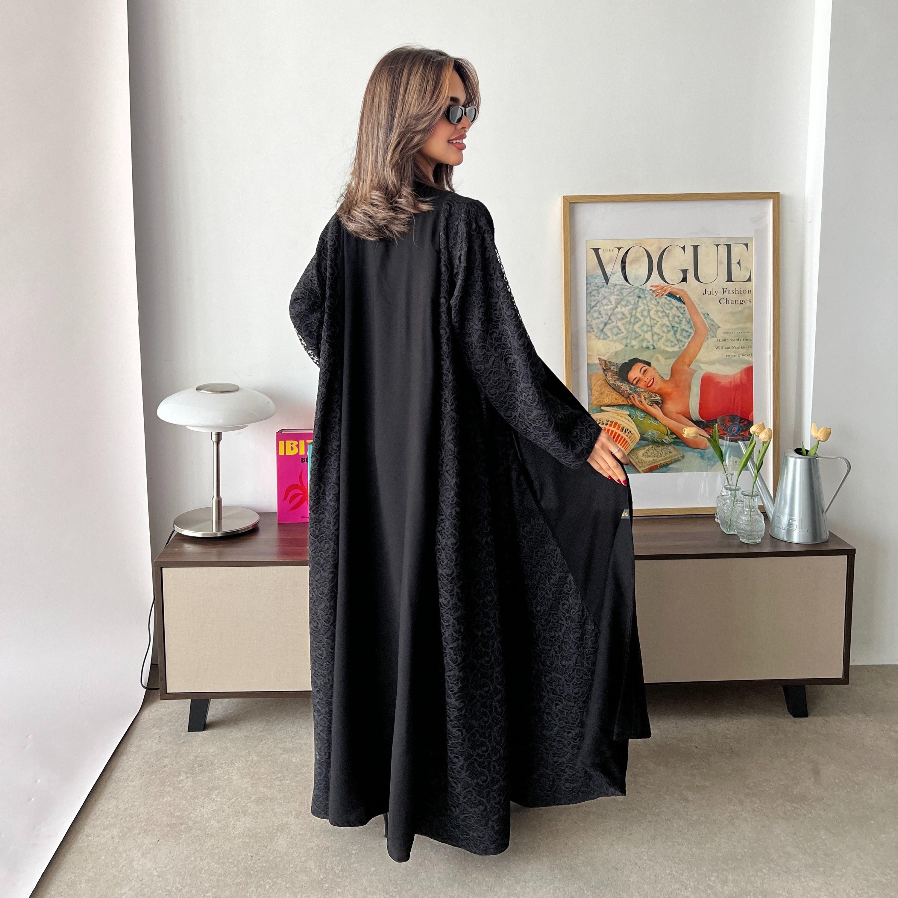 Lusin abaya Black Lace Panelled Royal Crepe Women's Evening Abaya with Hijab-women-arabicclothing-abayas-image-5
