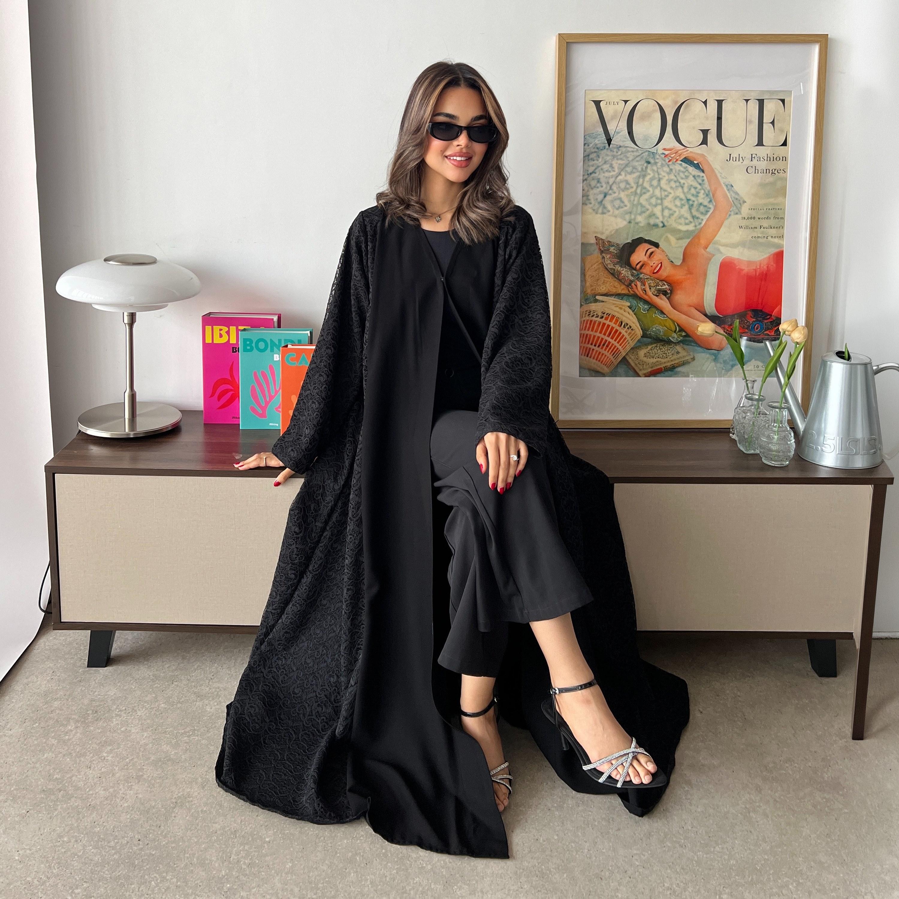 Lusin abaya Black Lace Panelled Royal Crepe Women's Evening Abaya with Hijab-women-arabicclothing-abayas-image-6