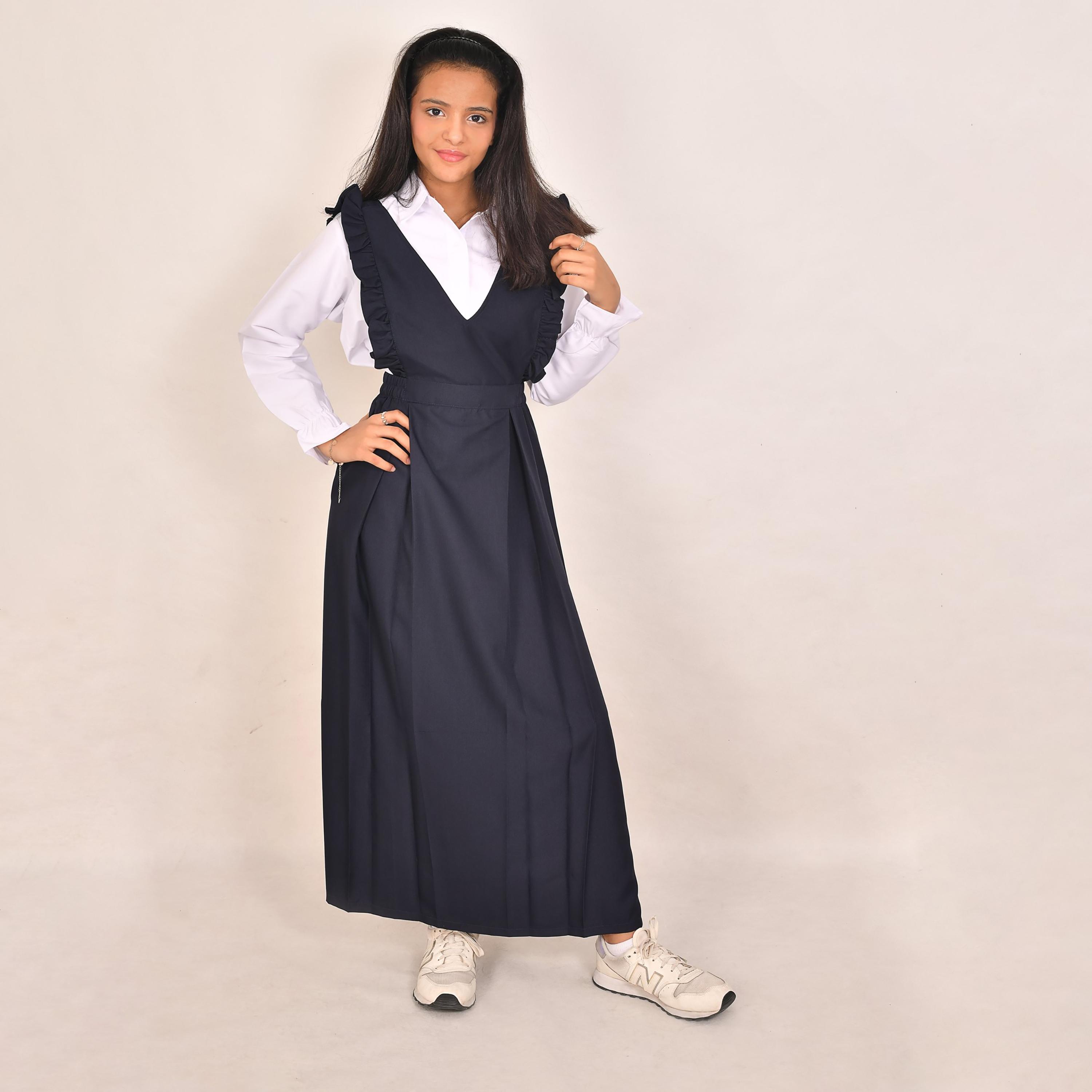 Hawraa Blue Linen V-Neck Sleeveless Girls Pinafore Dress-girls-clothing-dressesandjumpsuits-image-1