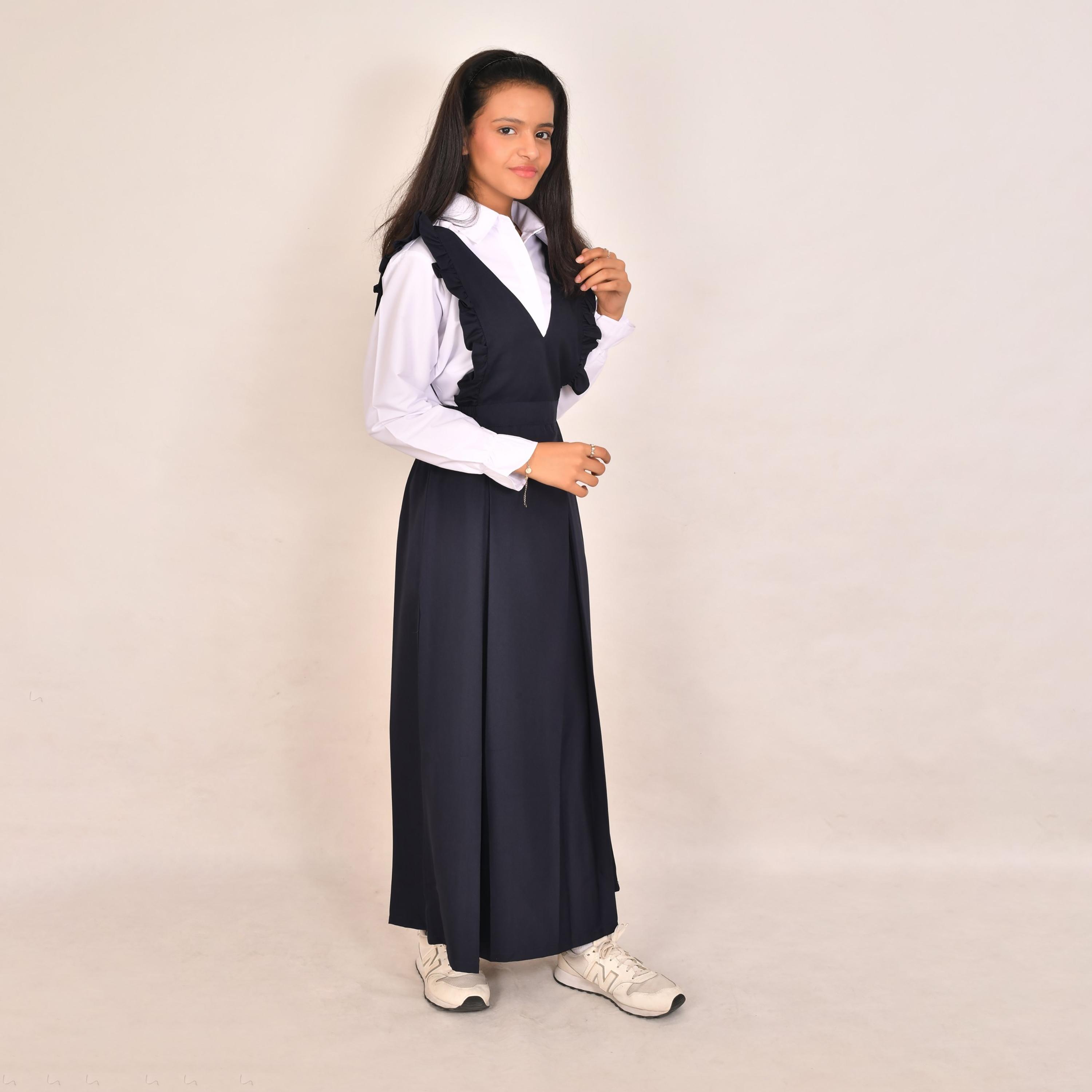 Hawraa Blue Linen V-Neck Sleeveless Girls Pinafore Dress-girls-clothing-dressesandjumpsuits-image-3