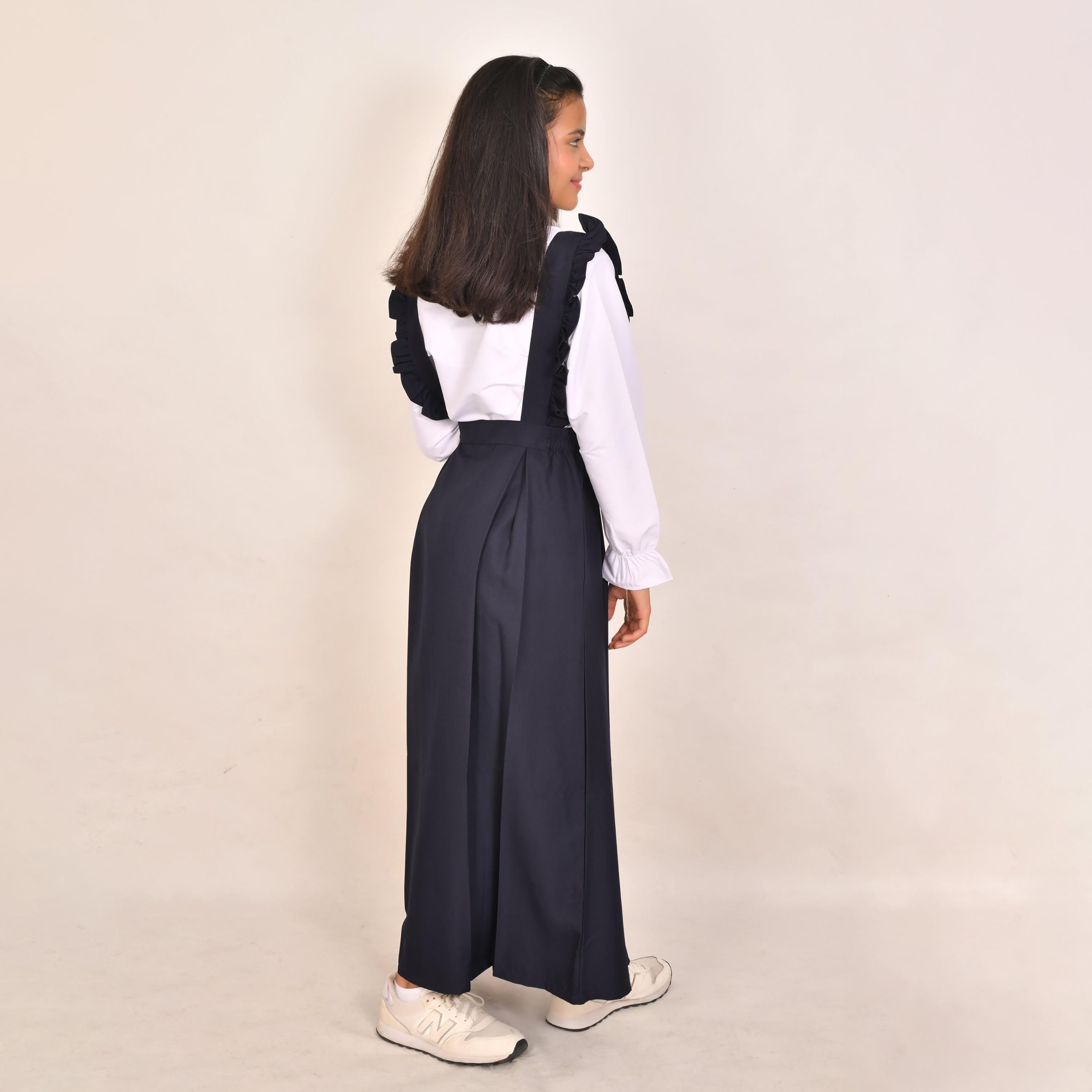 Hawraa Blue Linen V-Neck Sleeveless Girls Pinafore Dress-girls-clothing-dressesandjumpsuits-image-4