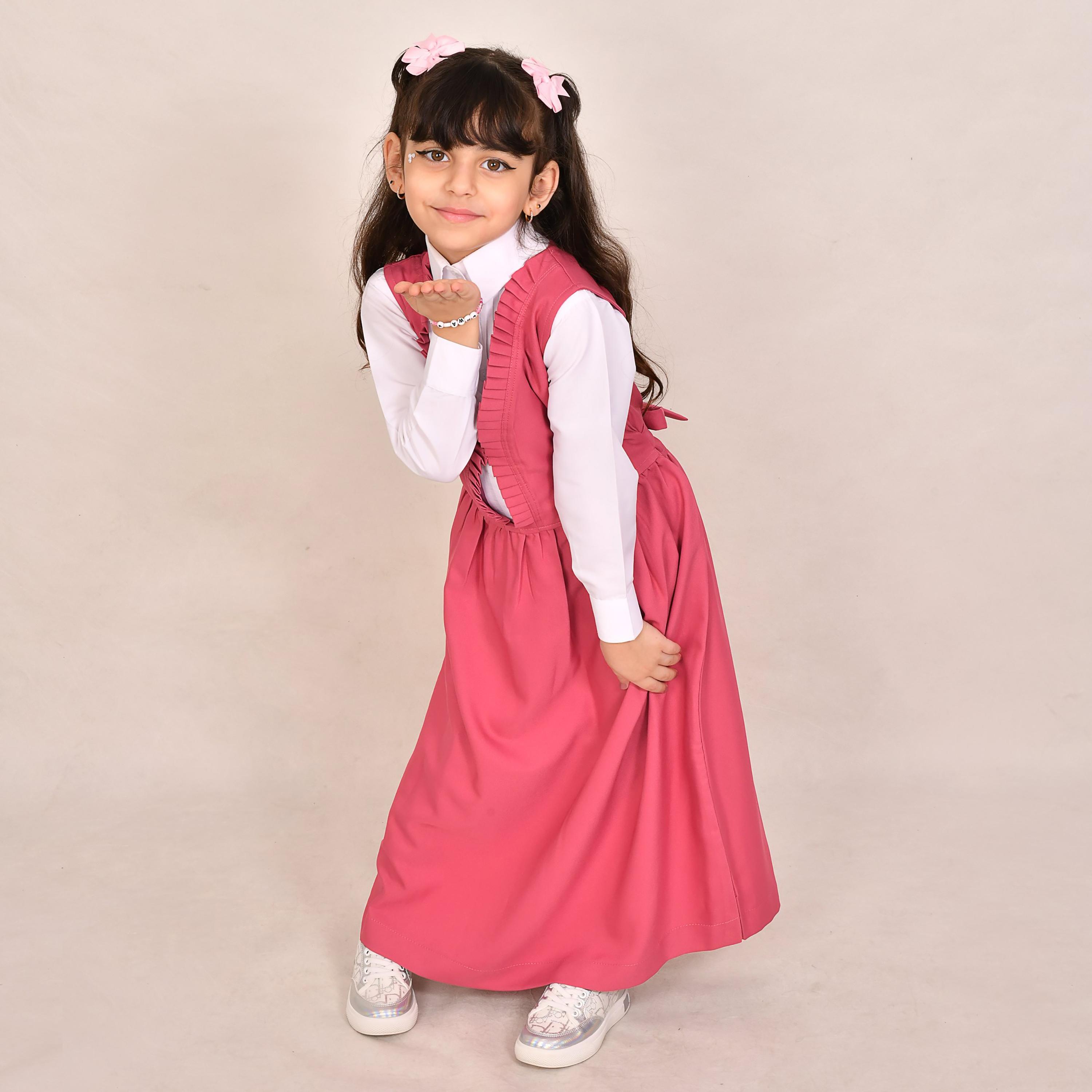 Hawraa Pink Linen V-Neck Sleeveless Girls Pinafore Dress-girls-clothing-dressesandjumpsuits-image-1