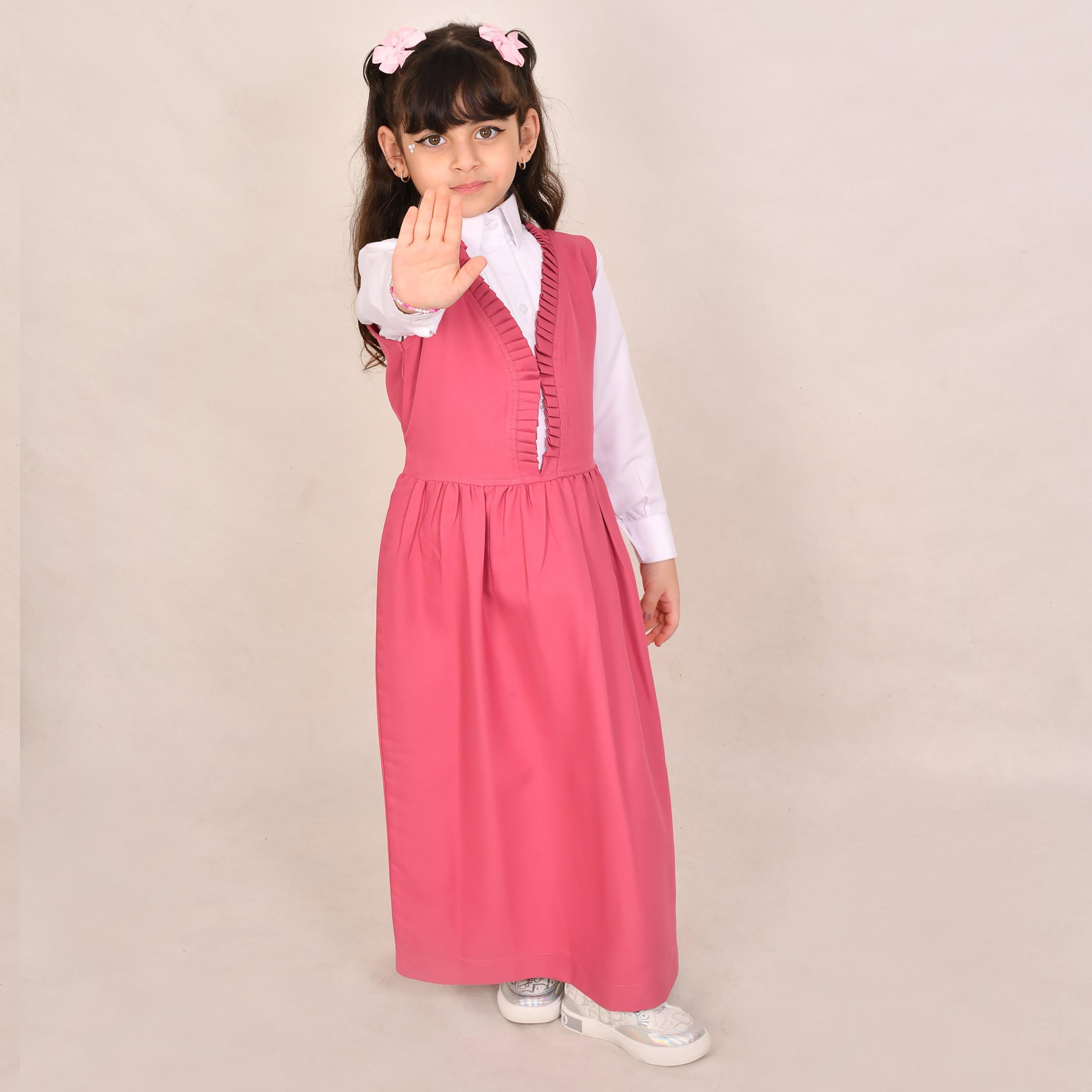 Hawraa Pink Linen V-Neck Sleeveless Girls Pinafore Dress-girls-clothing-dressesandjumpsuits-image-3