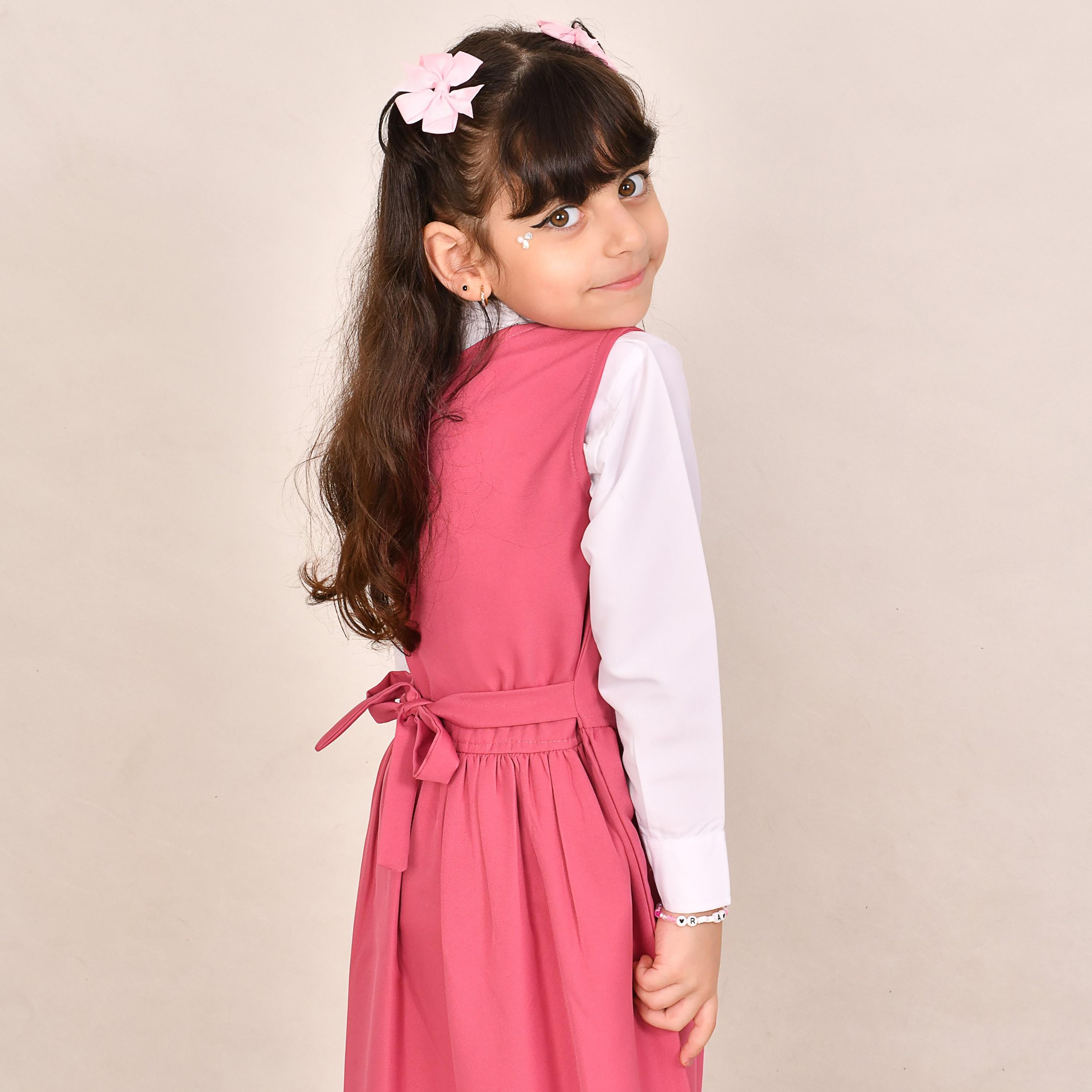 Hawraa Pink Linen V-Neck Sleeveless Girls Pinafore Dress-girls-clothing-dressesandjumpsuits-image-4