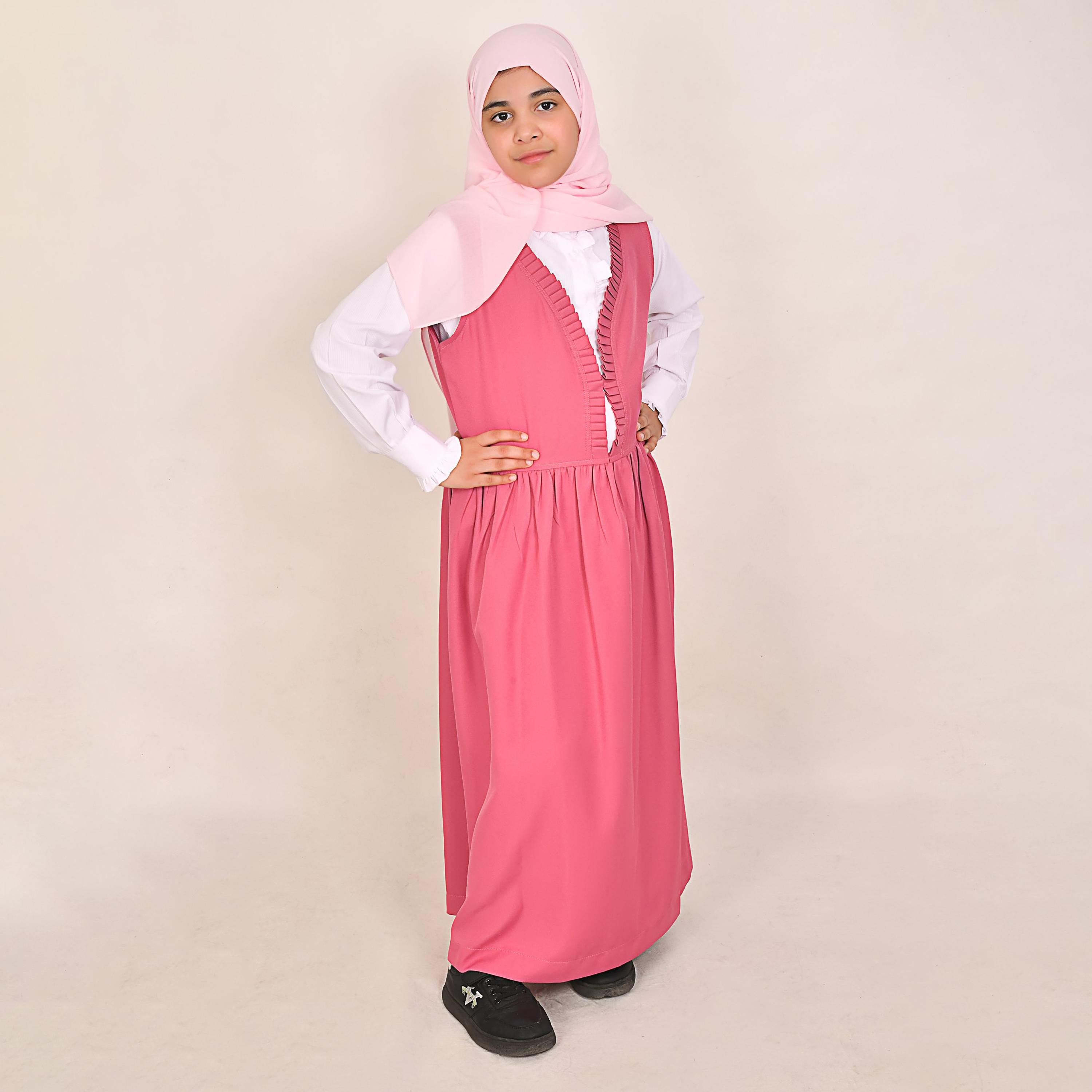 Hawraa Pink Linen V-Neck Sleeveless Girls Pinafore Dress-girls-clothing-dressesandjumpsuits-image-5