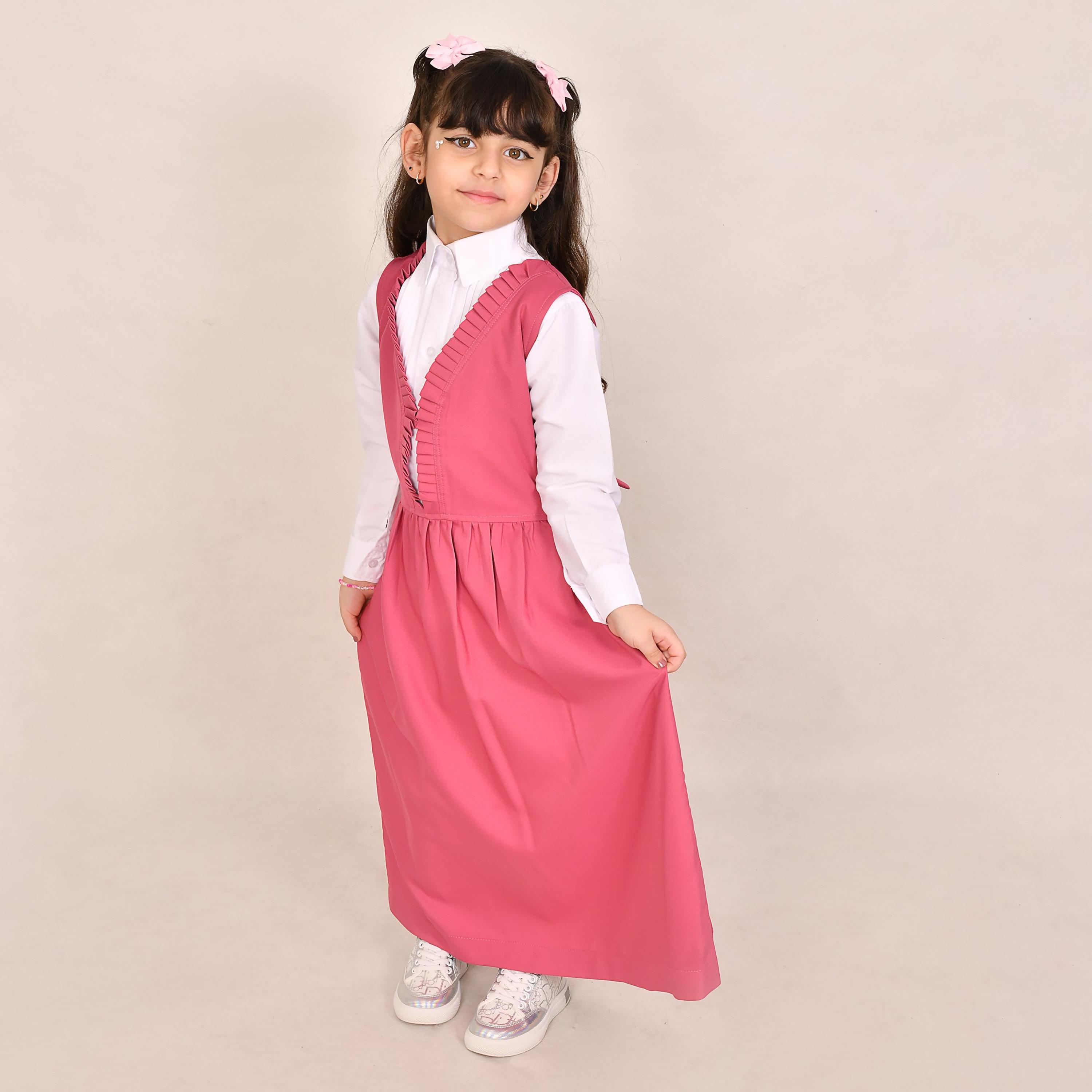 Hawraa Pink Linen V-Neck Sleeveless Girls Pinafore Dress-girls-clothing-dressesandjumpsuits-image-6
