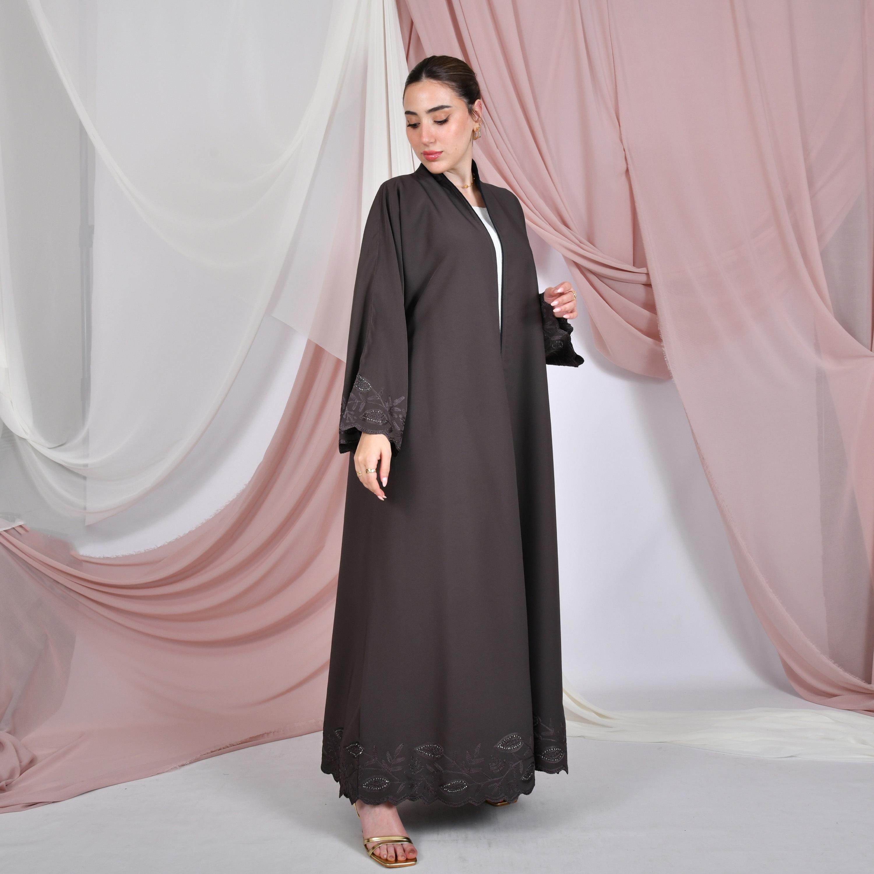 Hawraa Scalloped Embroidered Wide Sleeves Linen Women's Quarter-Circle Abaya-women-arabicclothing-abayas-image-1