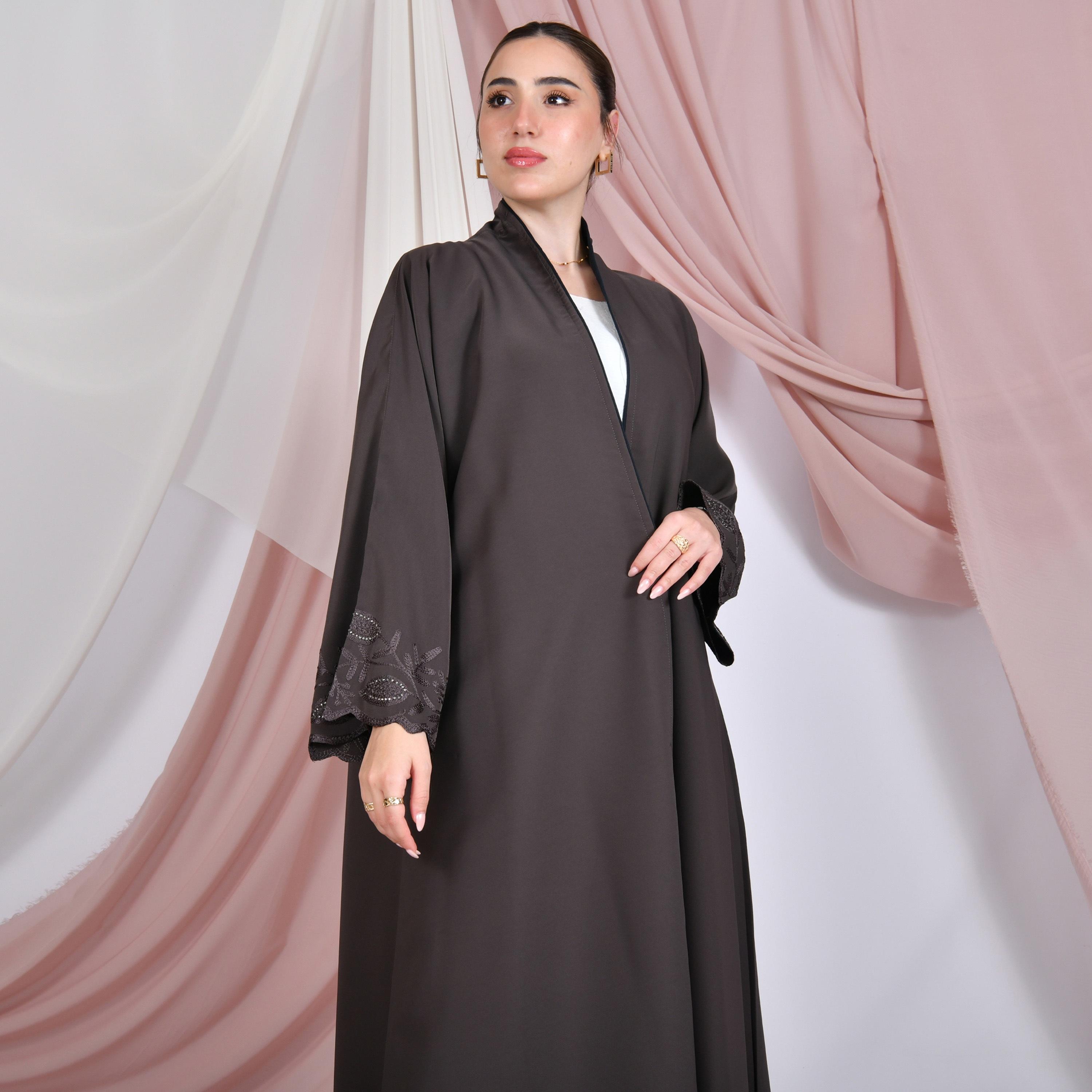 Hawraa Scalloped Embroidered Wide Sleeves Linen Women's Quarter-Circle Abaya-women-arabicclothing-abayas-image-4