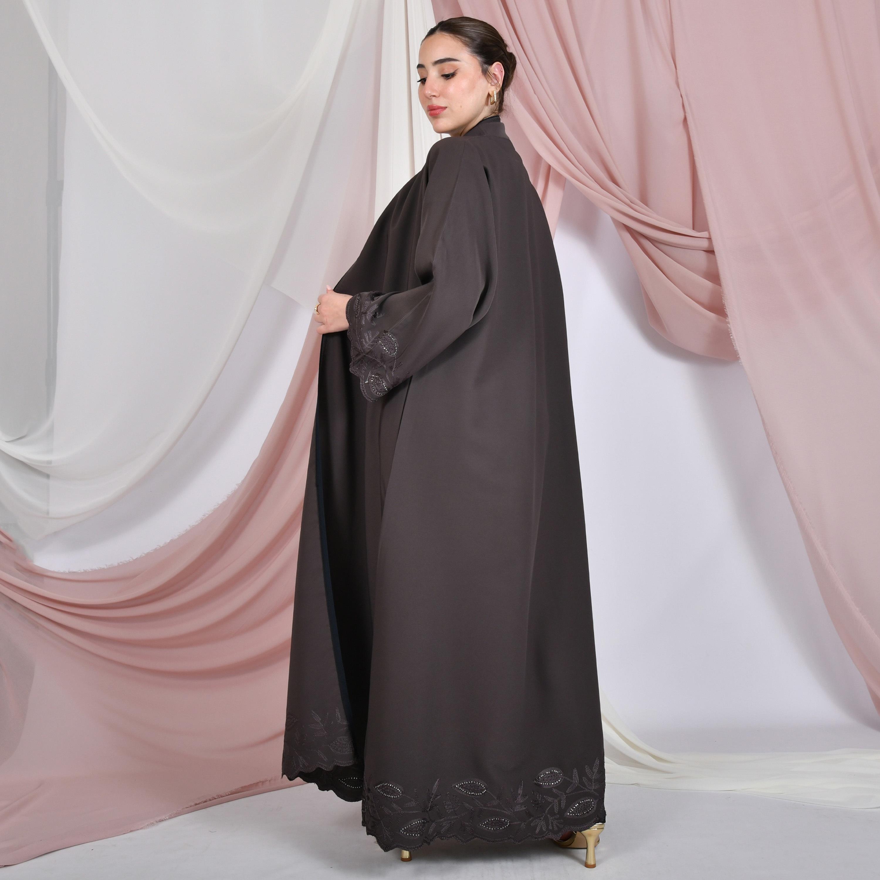 Hawraa Scalloped Embroidered Wide Sleeves Linen Women's Quarter-Circle Abaya-women-arabicclothing-abayas-image-5