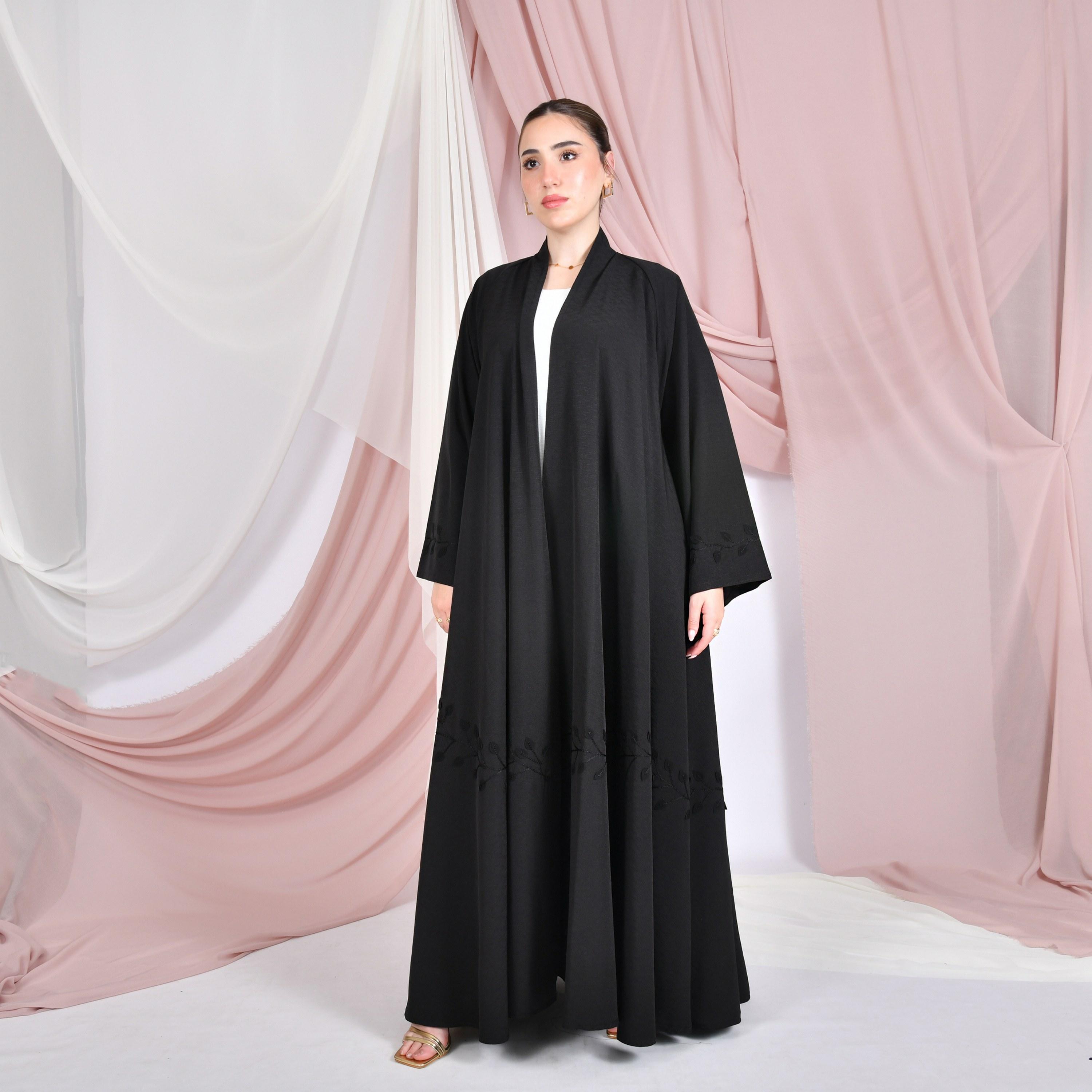 Hawraa Black Embroidered Wide Sleeves Linen Women's Flared Abaya-women-arabicclothing-abayas-image-1