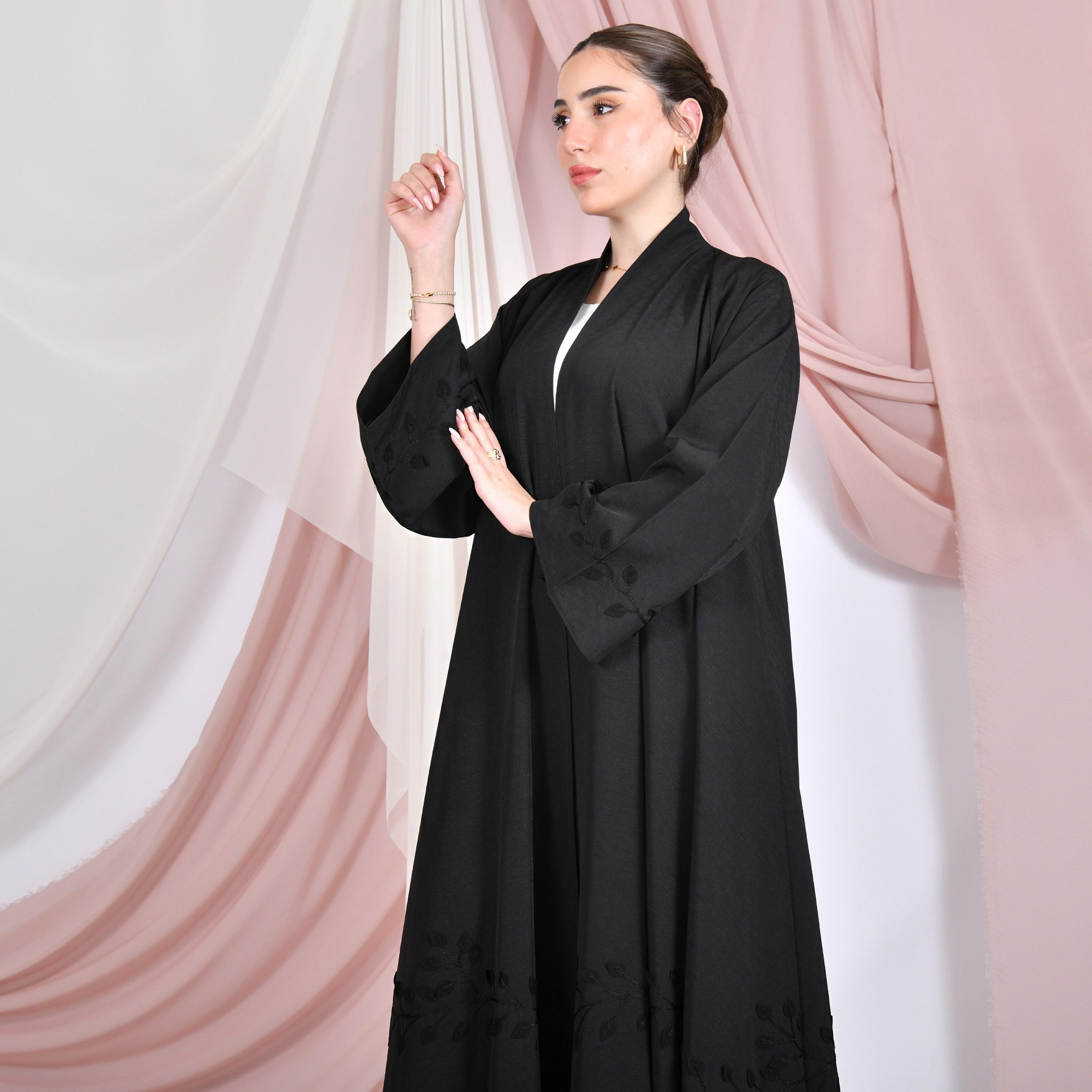 Hawraa Black Embroidered Wide Sleeves Linen Women's Flared Abaya-women-arabicclothing-abayas-image-2