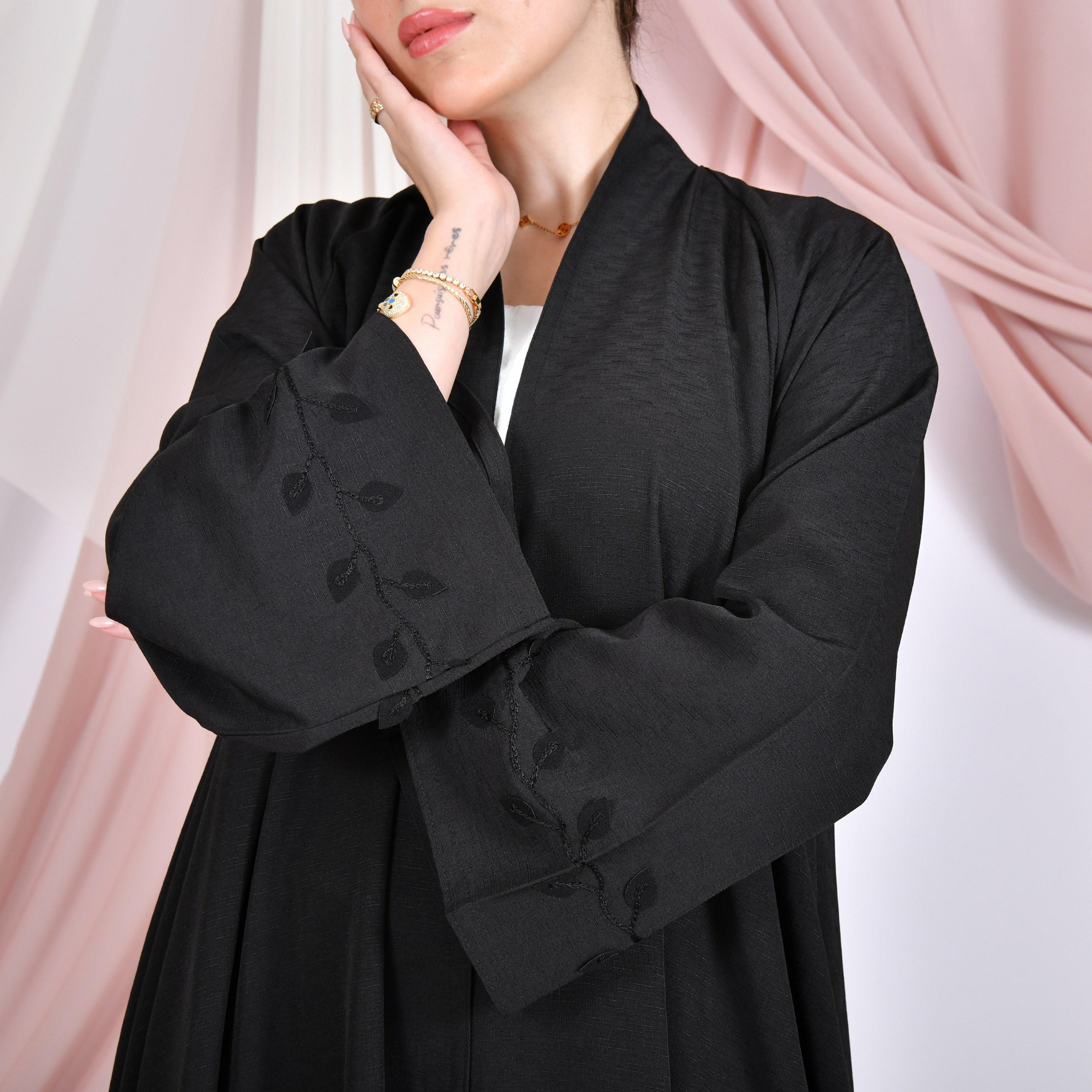 Hawraa Black Embroidered Wide Sleeves Linen Women's Flared Abaya-women-arabicclothing-abayas-image-3