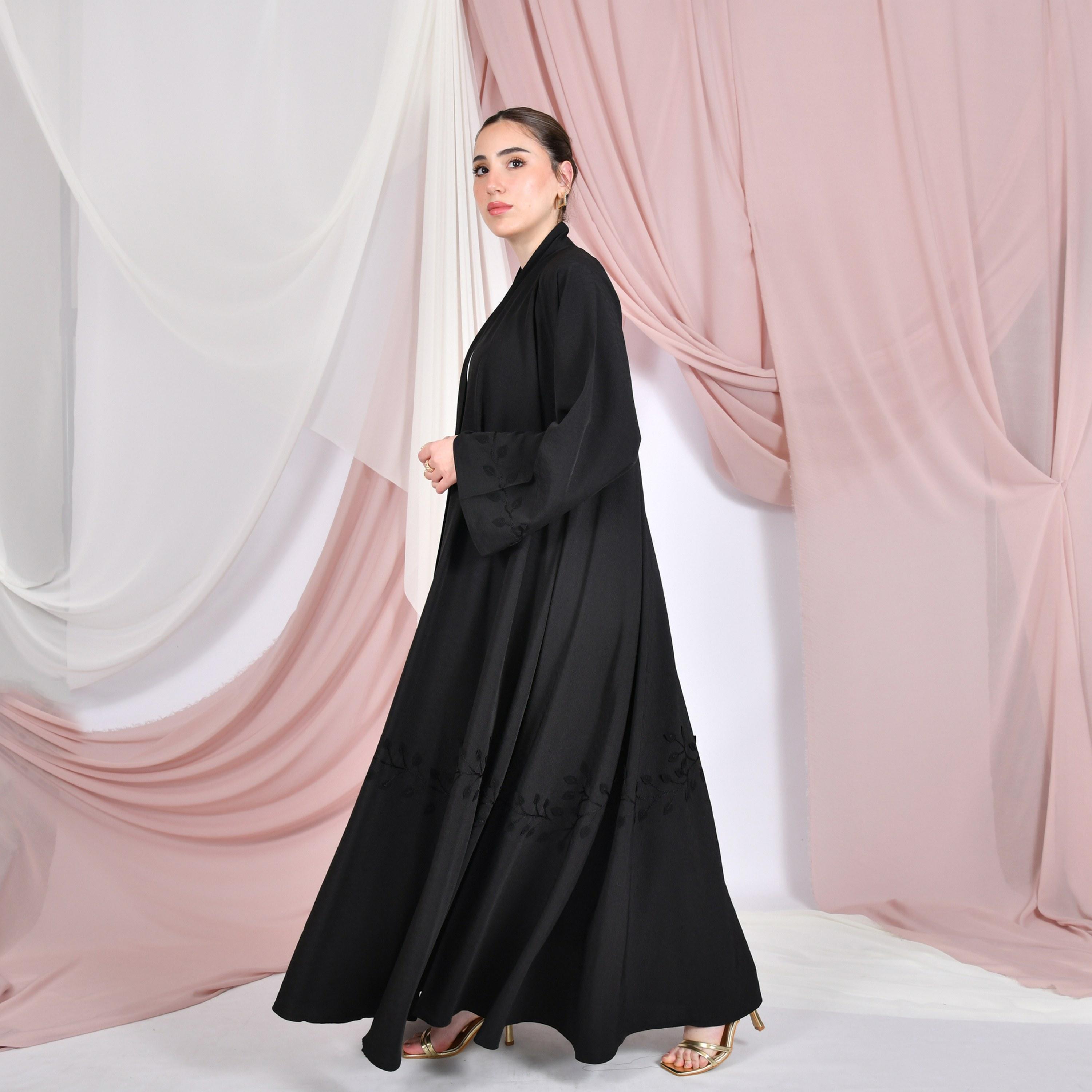 Hawraa Black Embroidered Wide Sleeves Linen Women's Flared Abaya-women-arabicclothing-abayas-image-4
