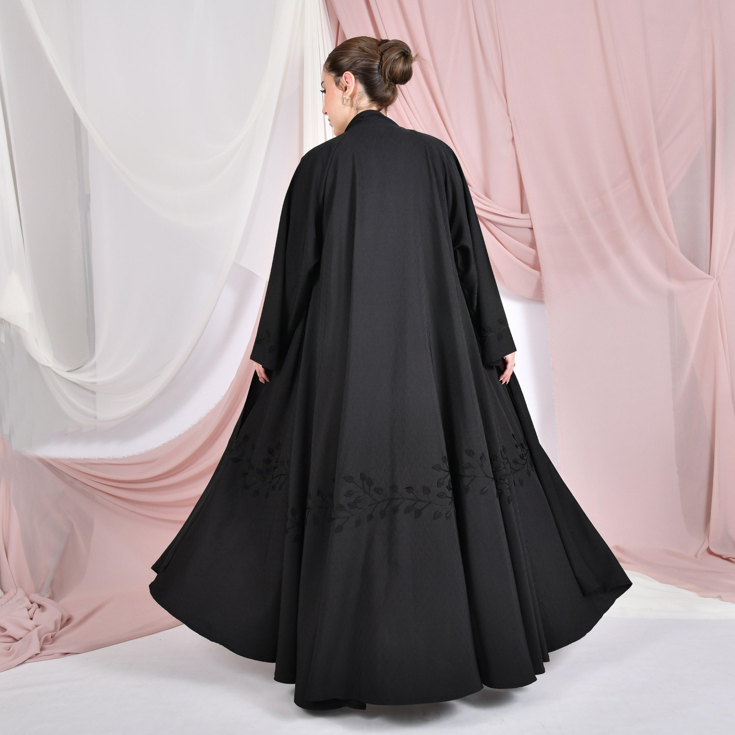 Hawraa Black Embroidered Wide Sleeves Linen Women's Flared Abaya-women-arabicclothing-abayas-image-5