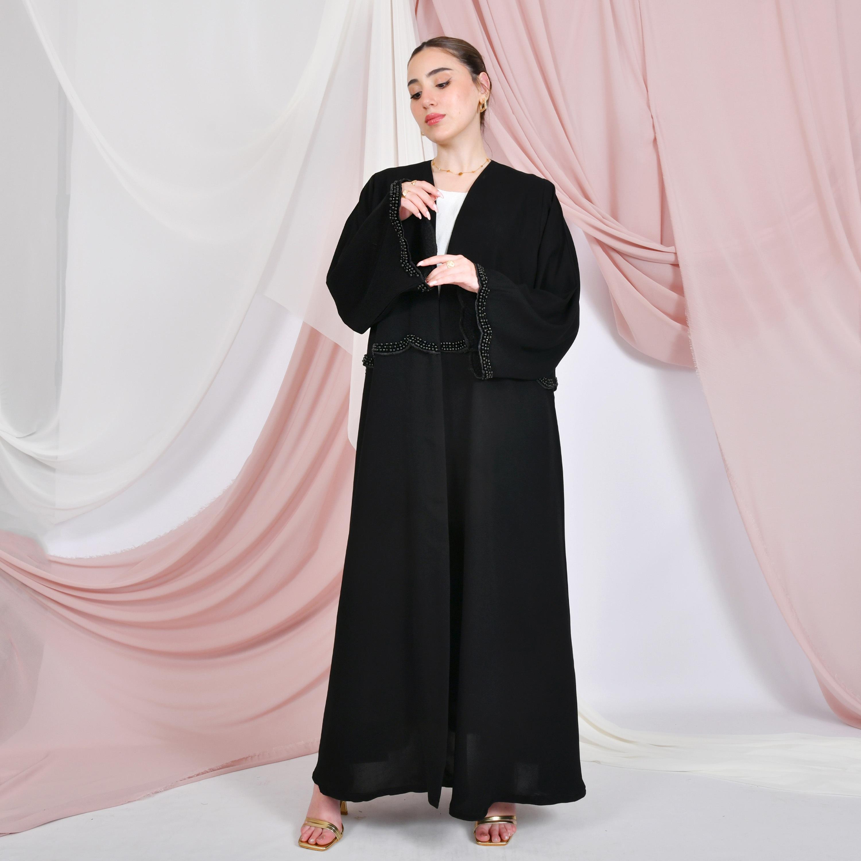 Hawraa Black Pearl Detailing Linen Women's Abaya-women-arabicclothing-abayas-image-1