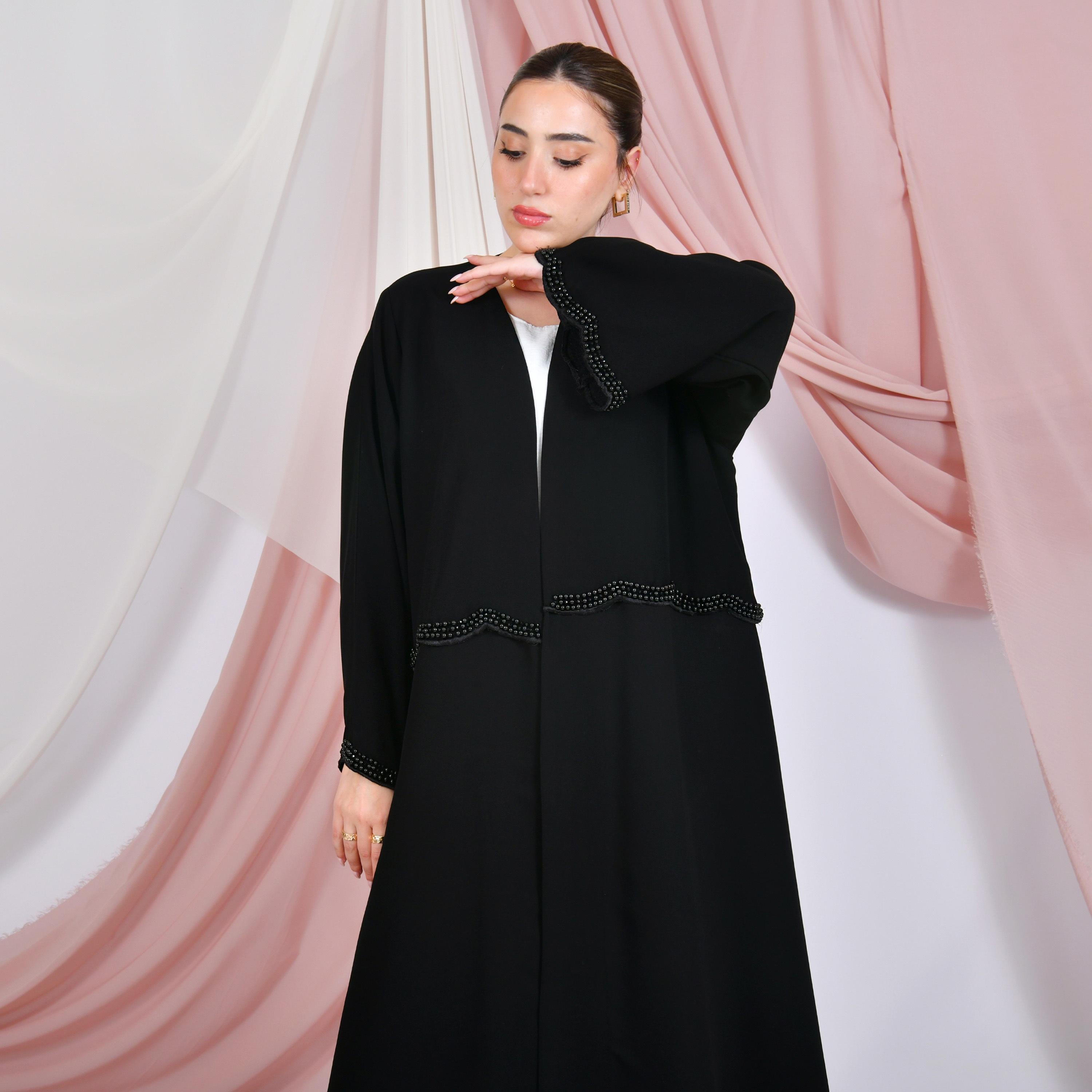Hawraa Black Pearl Detailing Linen Women's Abaya-women-arabicclothing-abayas-image-2