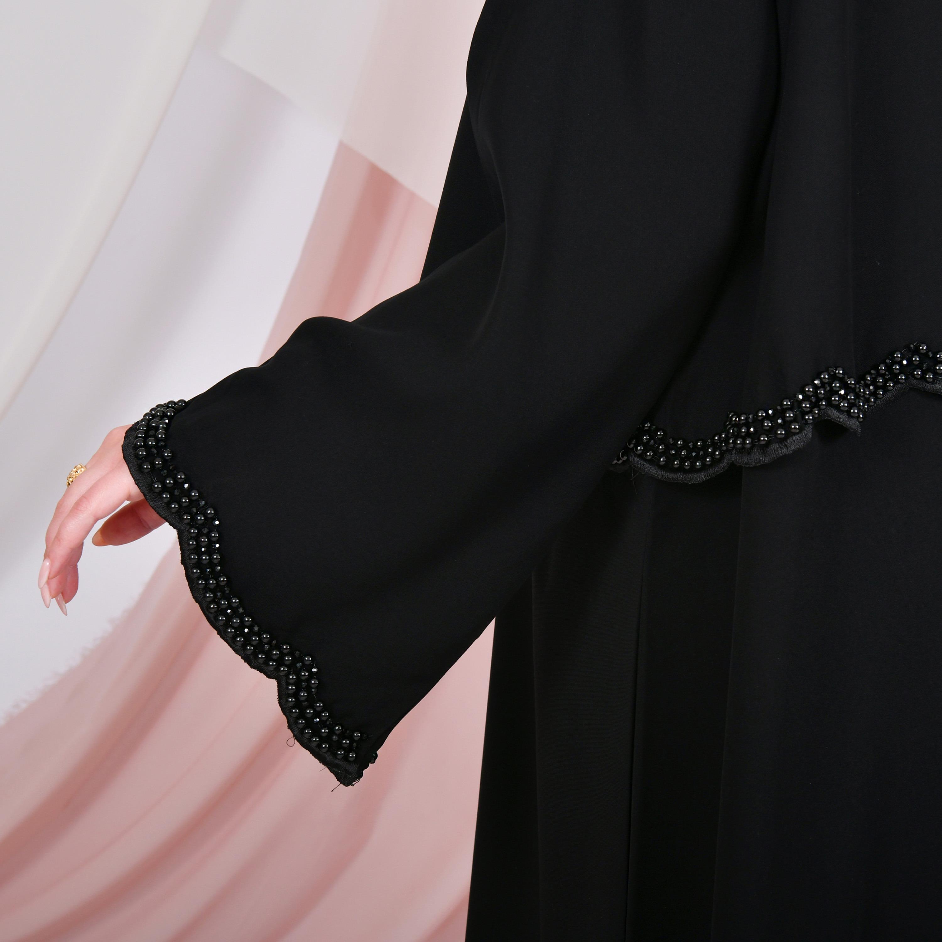 Hawraa Black Pearl Detailing Linen Women's Abaya-women-arabicclothing-abayas-image-3
